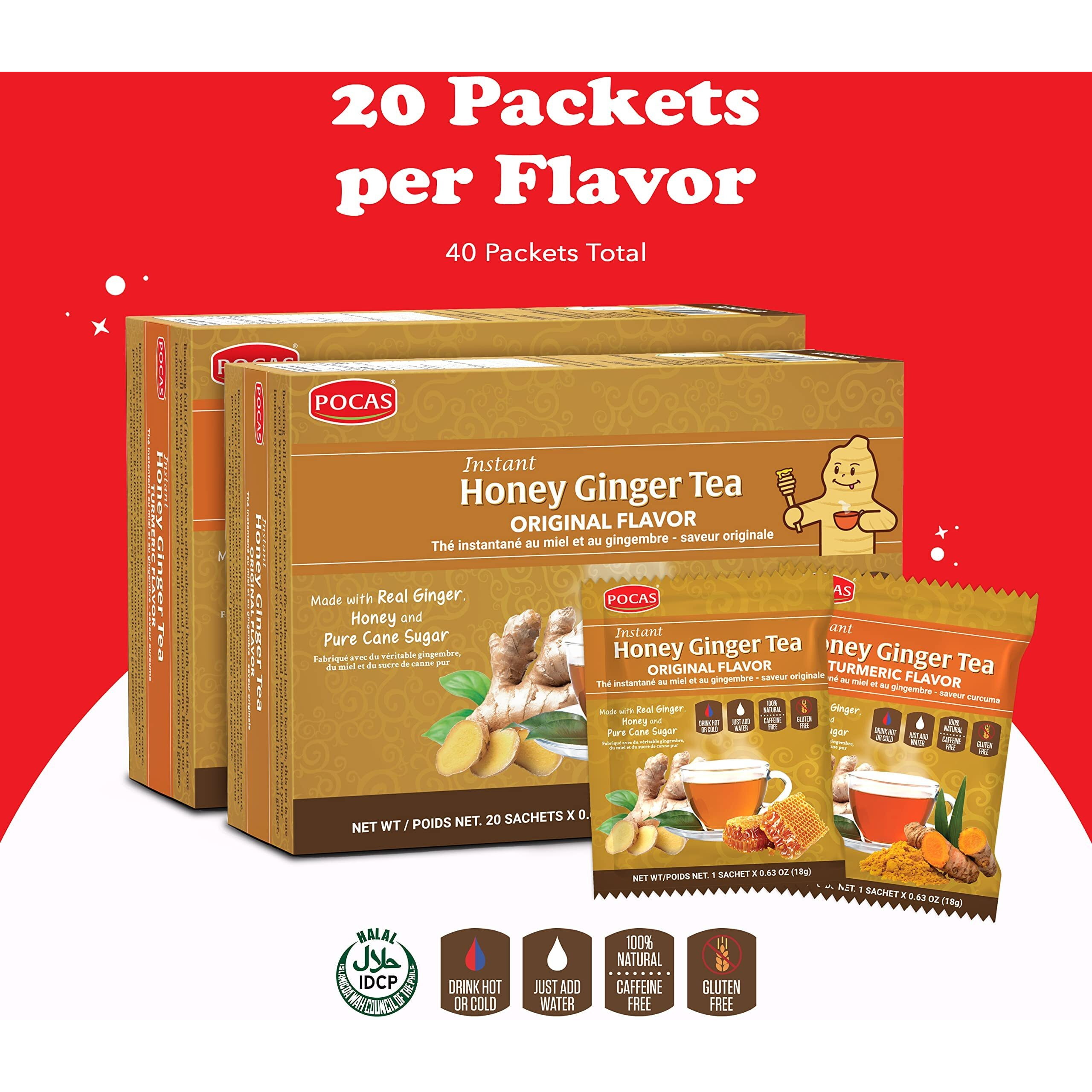 Pocas Honey Ginger Tea Variety Set - Instant Tea Powder Packets, Ginger Honey Crystals Tea, Original & Turmeric Flavors, Non-Gmo/Gluten Free/Caffeine Free Tea, 20 Count (Pack Of 2)