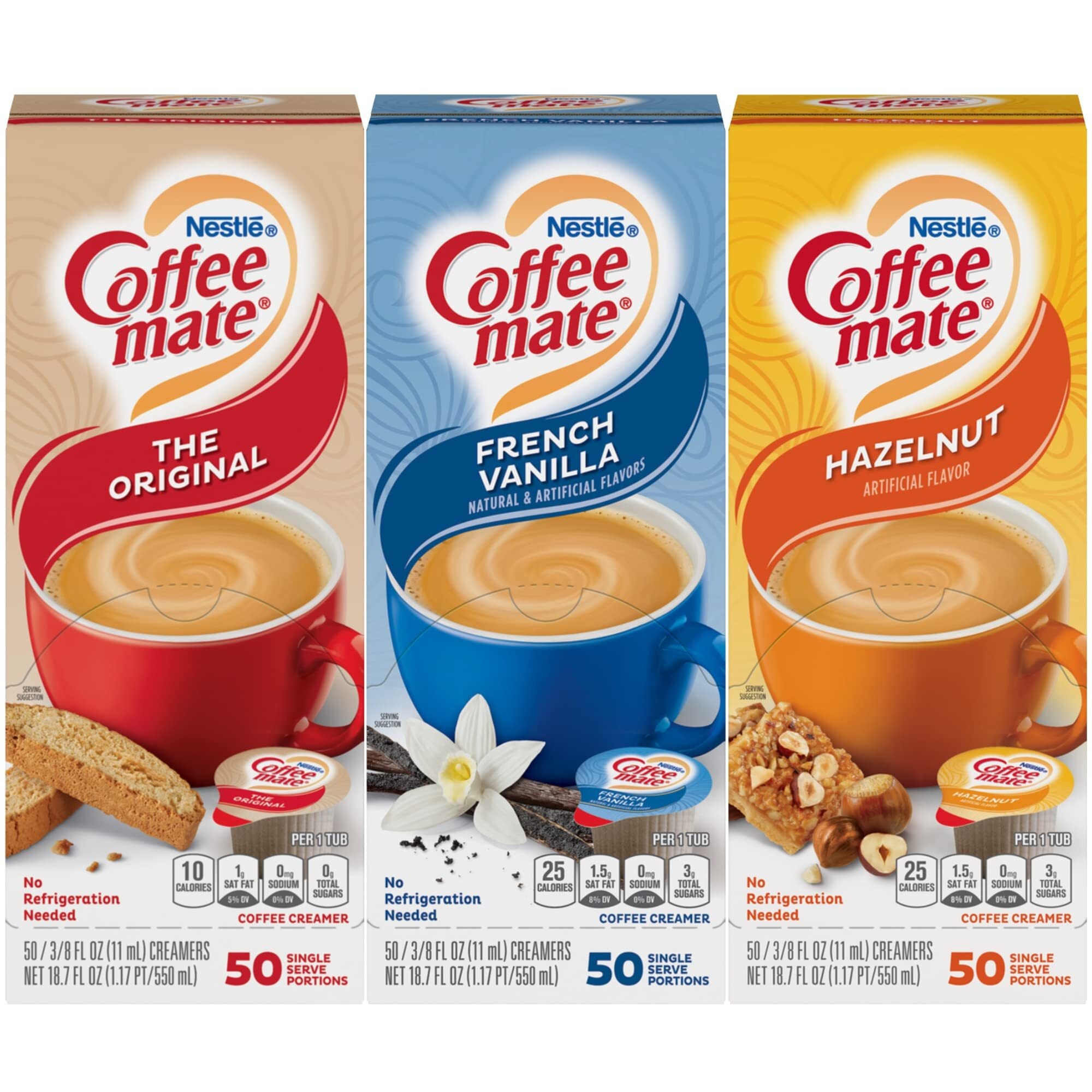 Nestle Coffee Mate Creamer Singles Variety Pack, Original, French Vanilla, Hazelnut, Non Dairy, No Refrigeration, 0.375 Fl Oz Tubs, 150 Count (Pack Of 50 Per Flavor)