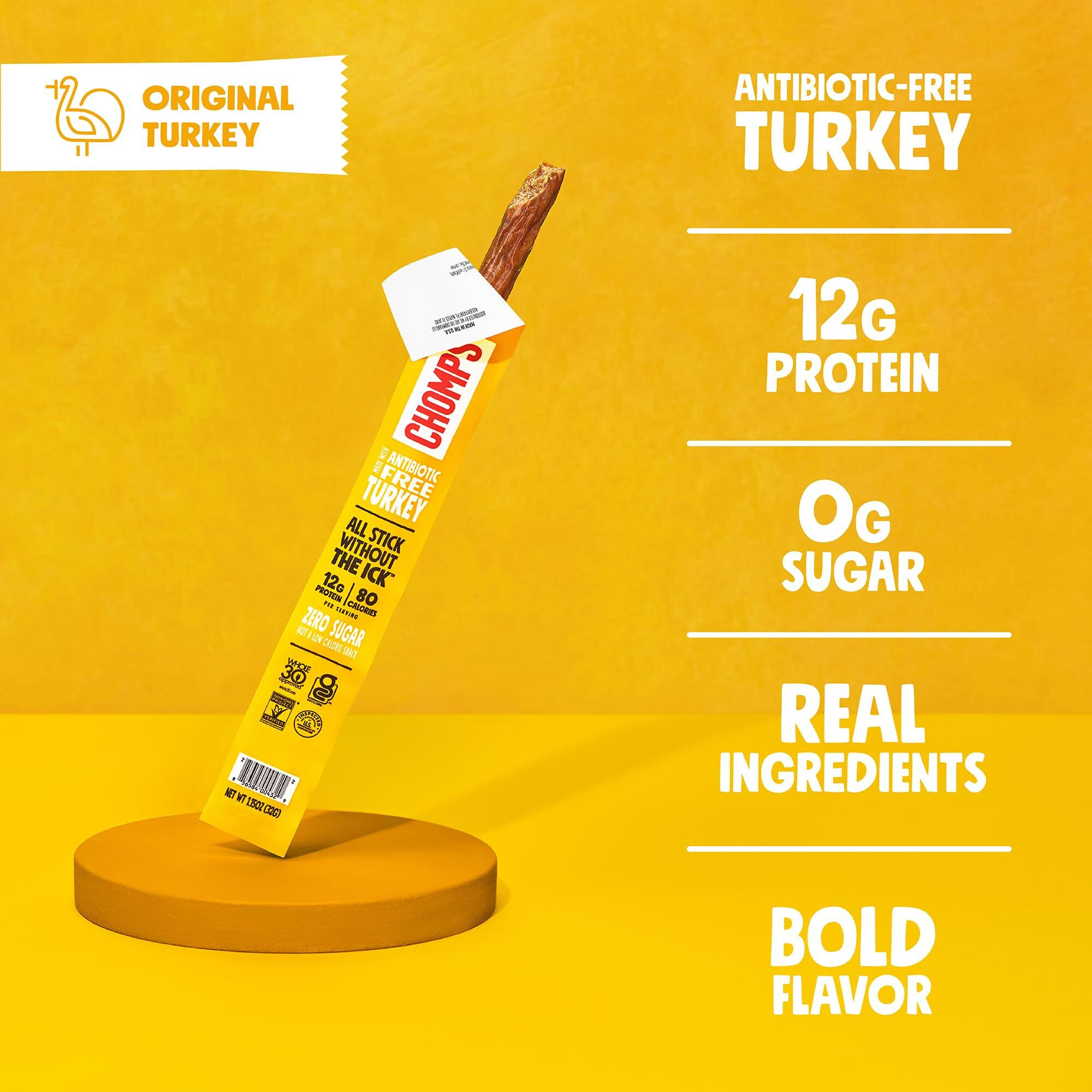 Chomps Original Turkey Jerky Snack Sticks Keto Paleo Whole30 Approved Gluten Free 1.15Oz (24 Pack)