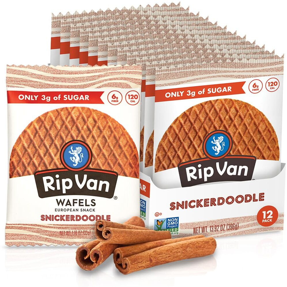 Rip Van Wafels Snickerdoodle Stroopwafels, Healthy Snacks, Non-Gmo, Keto Friendly, Office Snacks, Low Sugar (3G), Low Calorie, 12 Pack