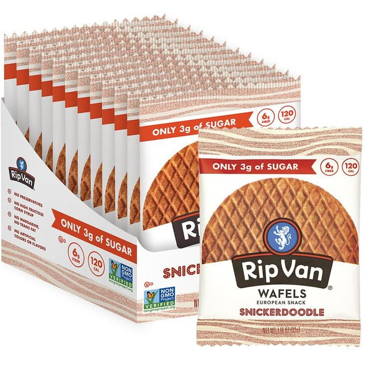 Rip Van Wafels Snickerdoodle Stroopwafels, Healthy Snacks, Non-Gmo, Keto Friendly, Office Snacks, Low Sugar (3G), Low Calorie, 12 Pack