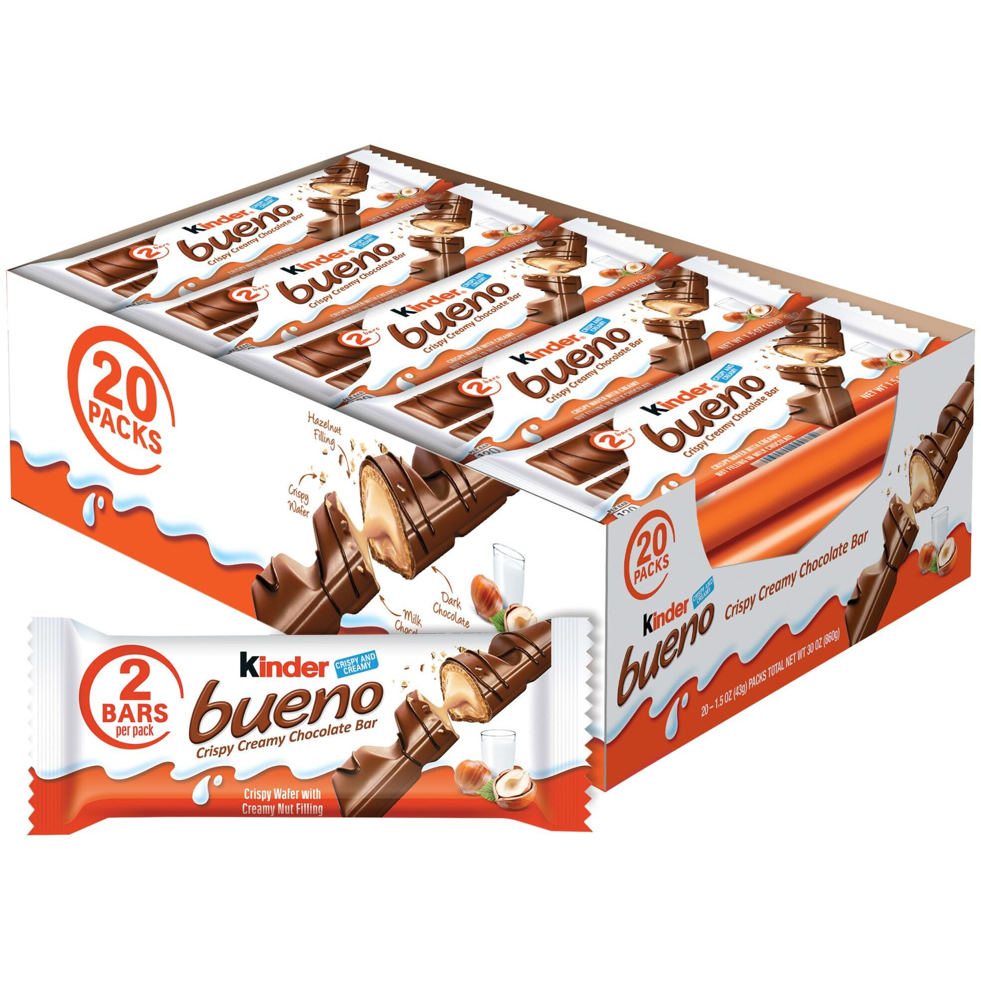 Kinder Bueno Milk Chocolate And Hazelnut Cream, Bulk 20 Pack, 2 Individually Wrapped Chocolate Bars Per Pack, 30 Oz