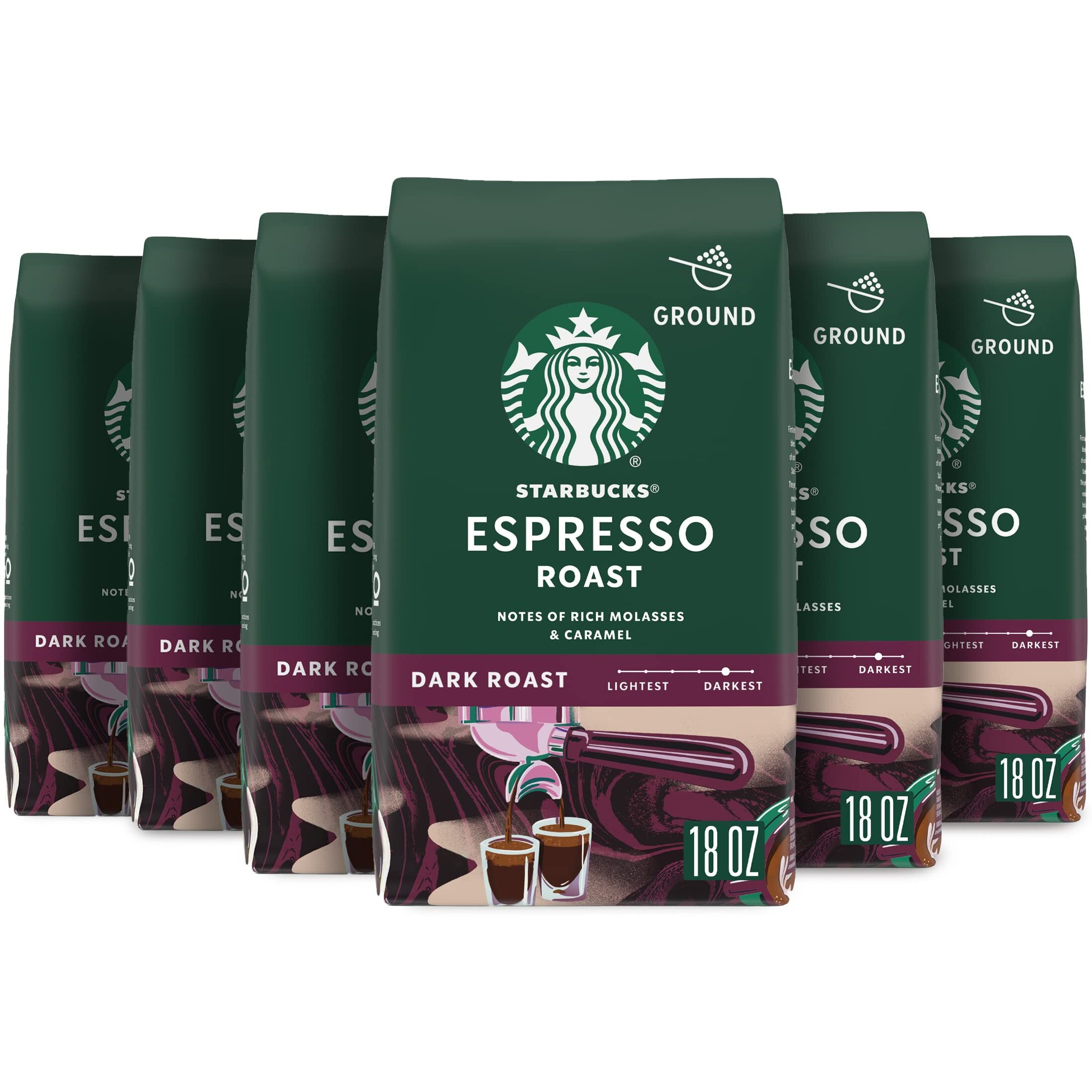 Starbucks Ground Coffee, Dark Roast Coffee, Espresso Roast, 100% Arabica, 6 Bags (18 Oz Each)