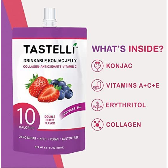 Tastelli Konjac Jelly Infused With Collagen + Vitamin C + Antioxidants / 10 Calories, Vegan, Zero Sugar/Healthy Drinkable Dessert Pouch / (Double Berry) - 150Ml X 10 Pouches
