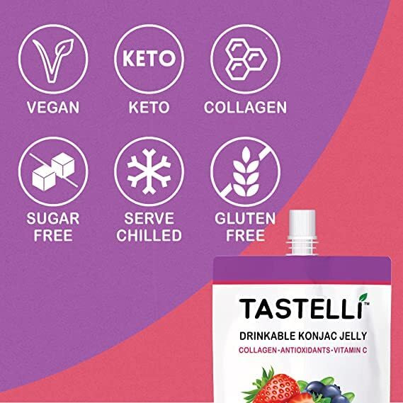 Tastelli Konjac Jelly Infused With Collagen + Vitamin C + Antioxidants / 10 Calories, Vegan, Zero Sugar/Healthy Drinkable Dessert Pouch / (Double Berry) - 150Ml X 10 Pouches