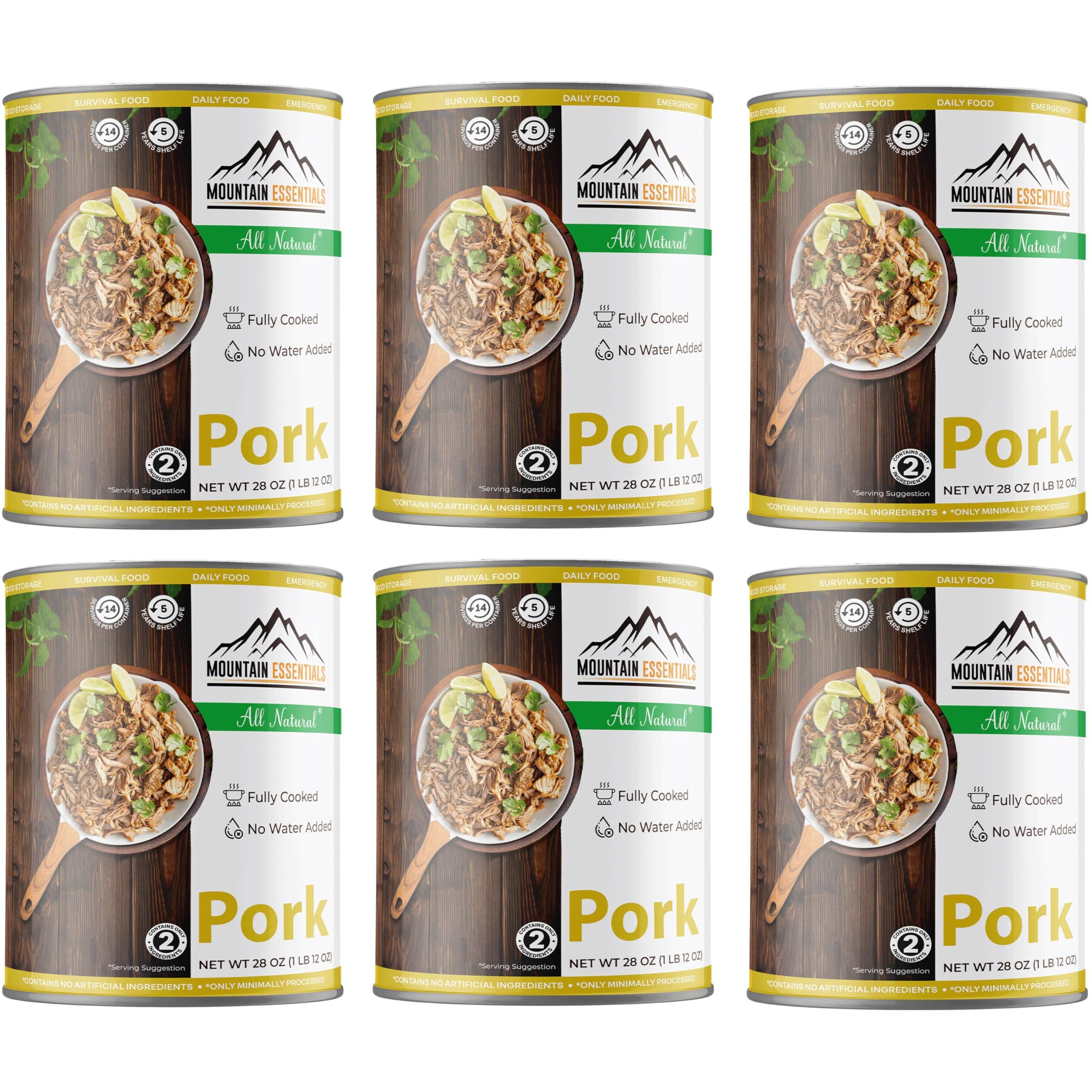 Mountain Essentials All Natural Canned Pork 28 Oz Fully Cooked Ready To Eat Emergency Survival Bulk Food Storage Premium Meat For Backpacking, Camping, Meal Prep Shelf Stable Food Pack Of 6