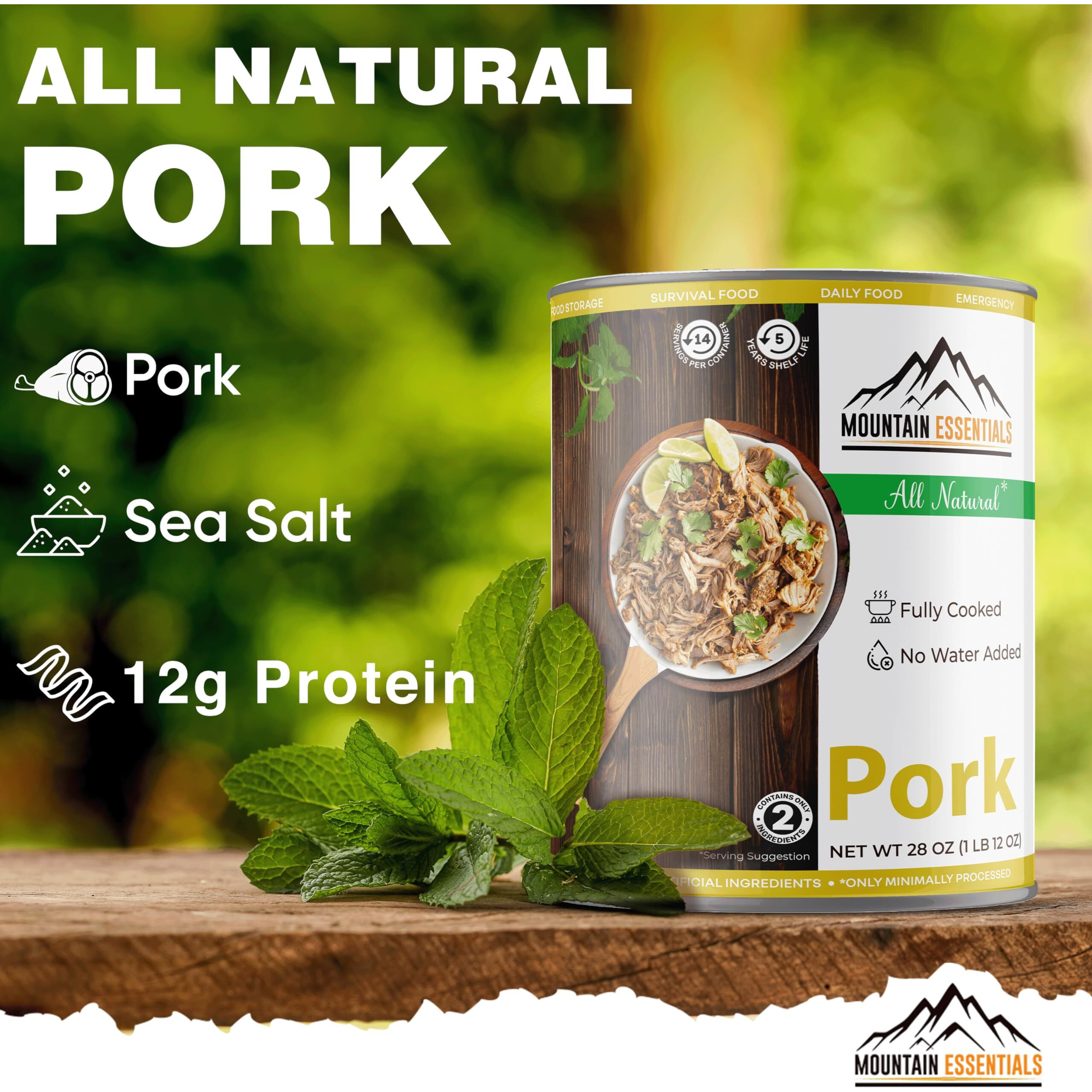 Mountain Essentials All Natural Canned Pork 28 Oz Fully Cooked Ready To Eat Emergency Survival Bulk Food Storage Premium Meat For Backpacking, Camping, Meal Prep Shelf Stable Food Pack Of 6