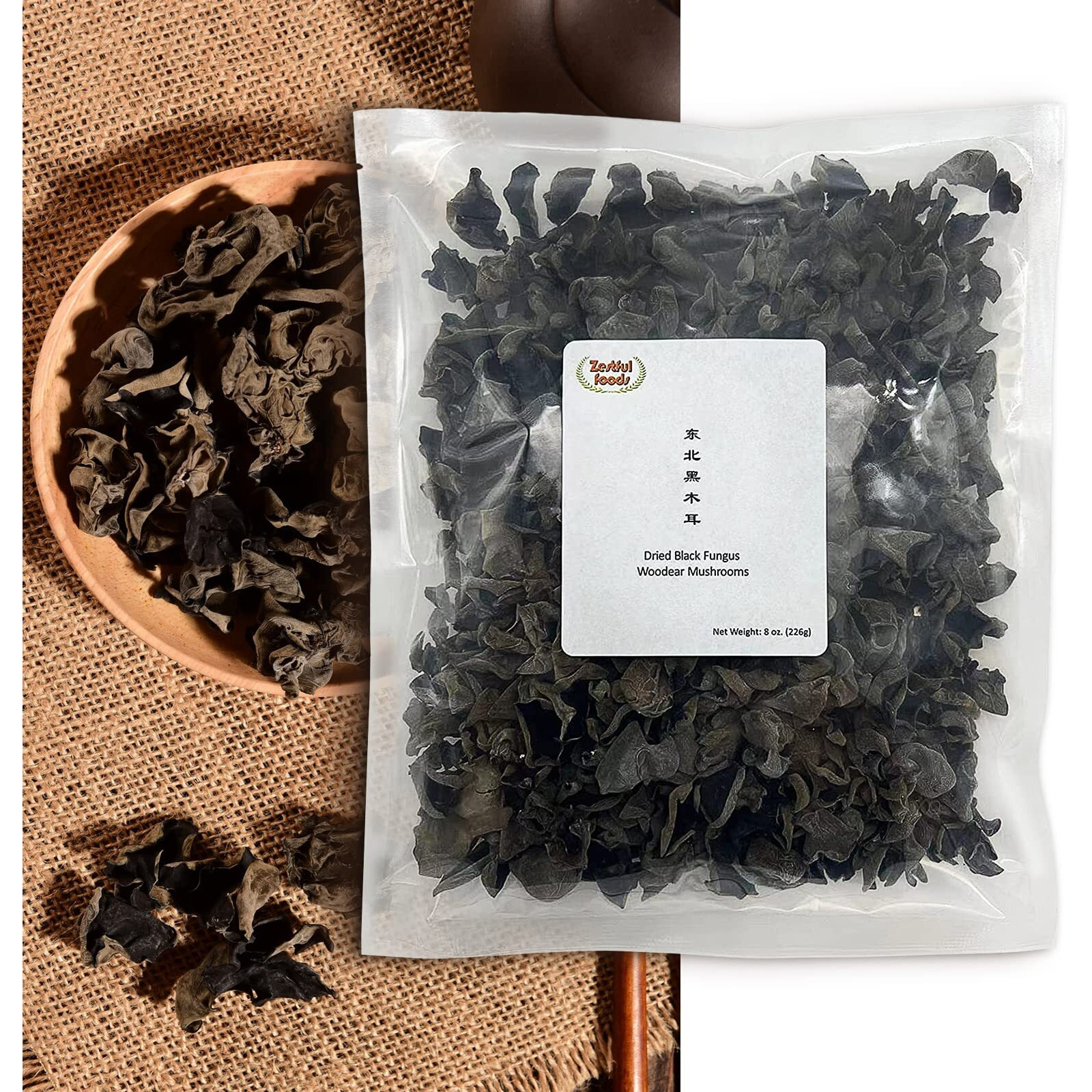 Zestful Foods Premium Dried Black Fungus Dried Wooder Mushroom(Black Fungus Mushroom) All Natural,Gluten-Free 8 Oz.