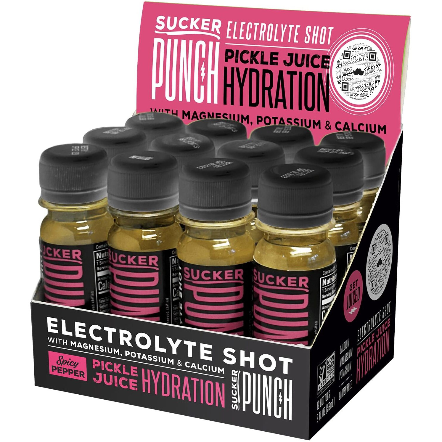 Suckerpunch Hydration Pickle Juice Shot, Spicy Dill Flavor, Gluten Free, Post Workout, Spicy Pickle Electrolyte Drink, Low Calorie, Muscle Cramp Defense, Potassium, Keto Friendly, Non Gmo, 2 Oz, 12 Ct
