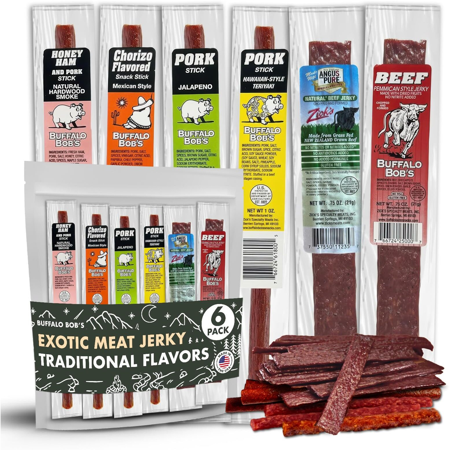 Buffalo Bob's Wild Game Meat Snacks (6 Pack), Traditional Assortment Sampler, Beef Jerky Gifts For Men, Deer Jerky Gift Box, Jerky Sampler Gift Box, Variety Assorted Gift Pack, Deer Snacks