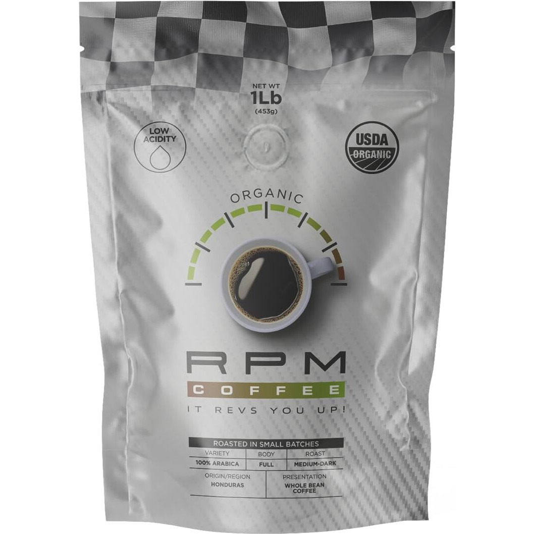 1Lb Rpm Organic Premium Coffee, Standard Caffeine - Supercharged Flavor, Medium-Dark Roast, 100% Arabica Beans, Low Acidity