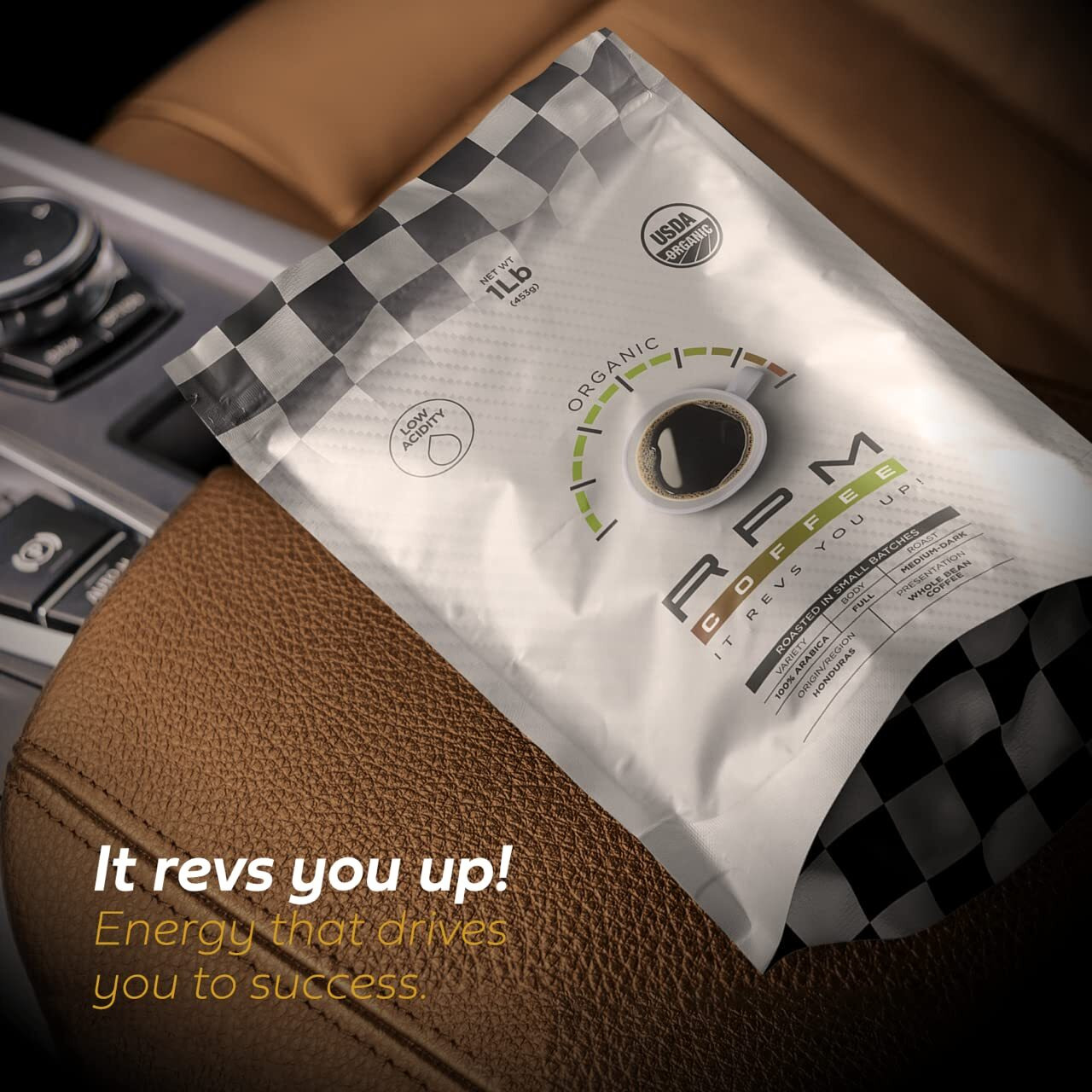 1Lb Rpm Organic Premium Coffee, Standard Caffeine - Supercharged Flavor, Medium-Dark Roast, 100% Arabica Beans, Low Acidity