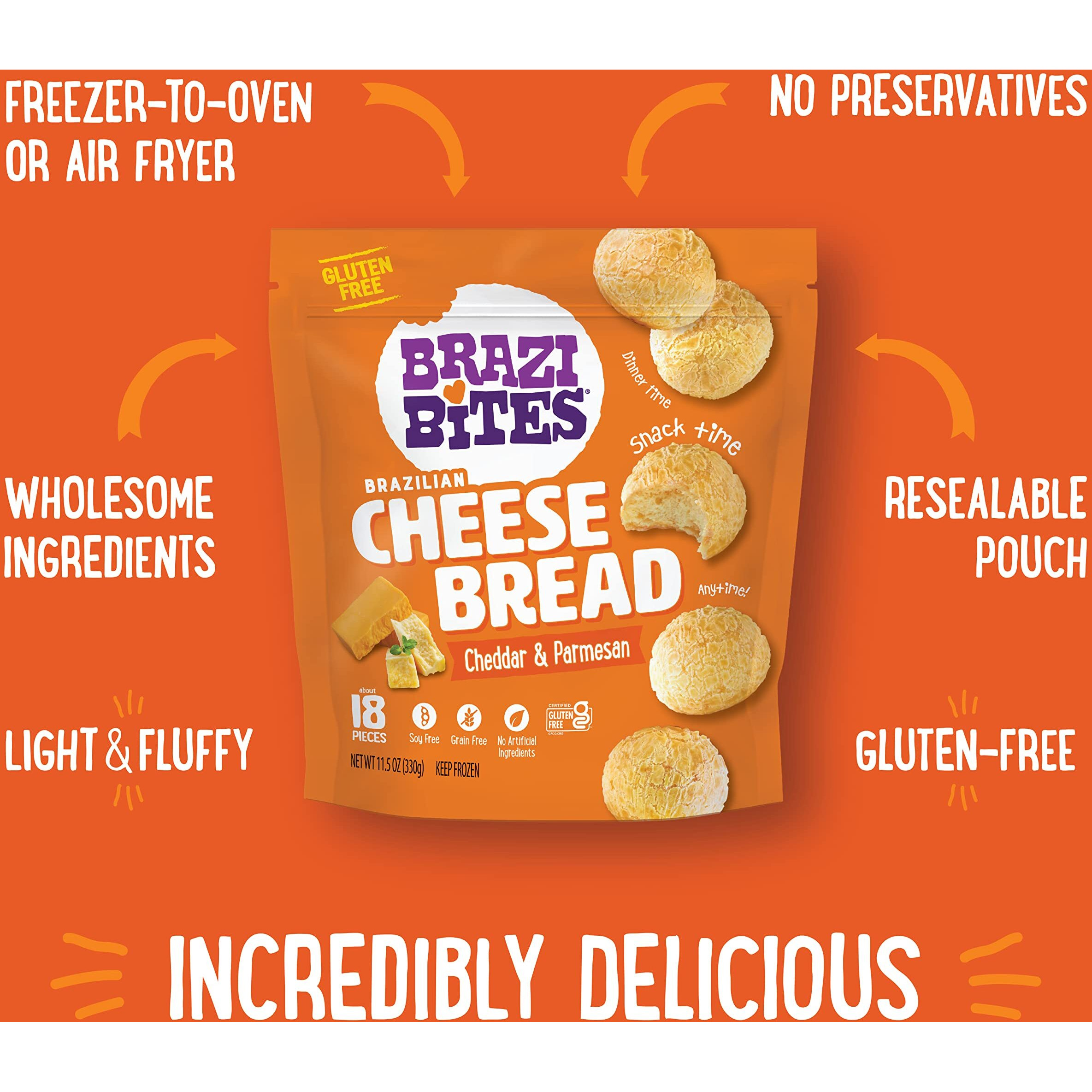 Brazi Bites Gluten-Free Brazilian Cheese Bread Cheddar & Parmesan | Vegetarian Frozen Bread Snacks | Soy-Free | No Artificial Ingredients | No Preservatives | 11.5 Oz. Pouches (8-Pack)