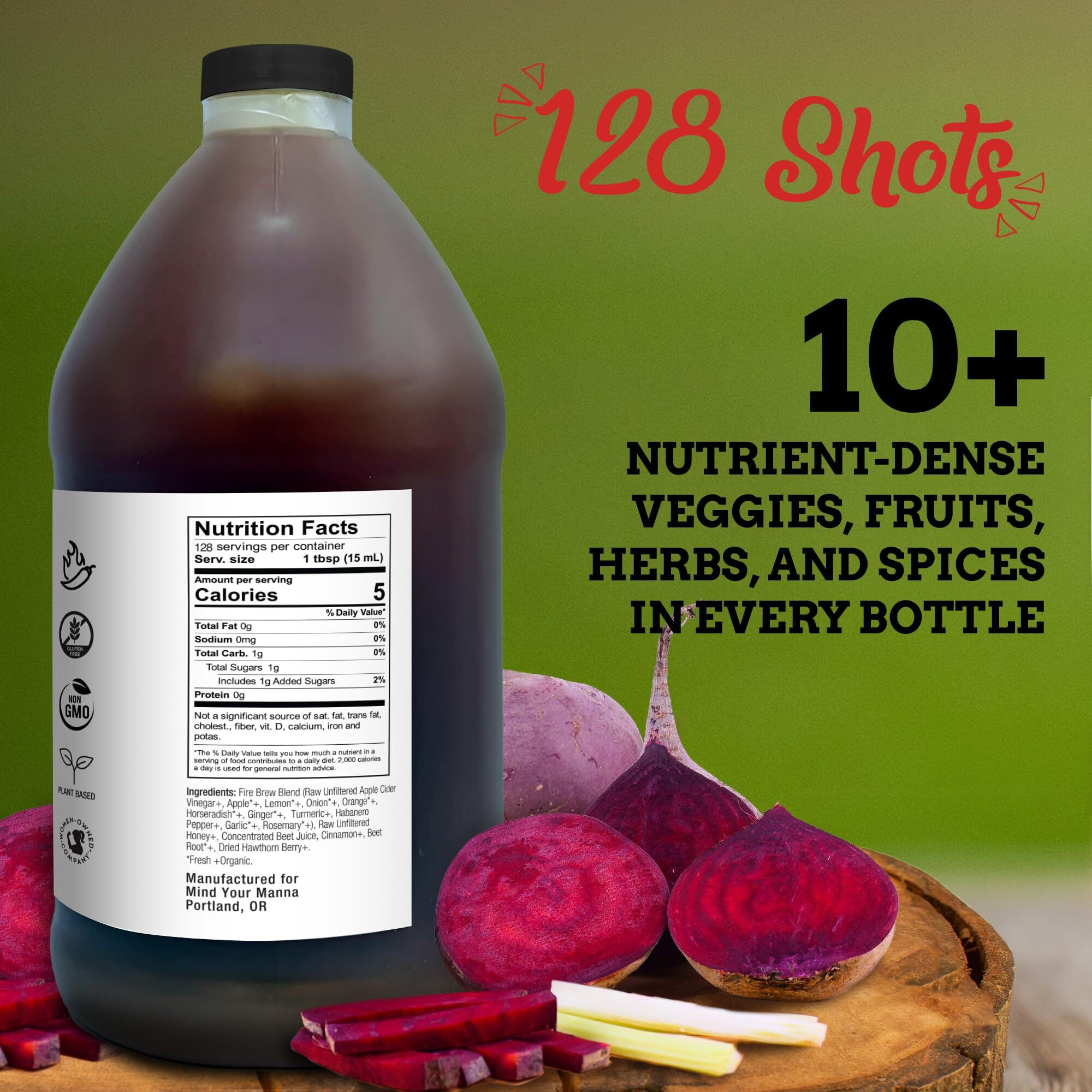 Fire Brew Energy - Beet Apple Cider Vinegar Wellness Tonic | 128 Concentrated Shots Of Healthiest Organic Ingredients To Energize & Boost Stamina & Antioxidants For Heart & Blood Health - Half Gallon