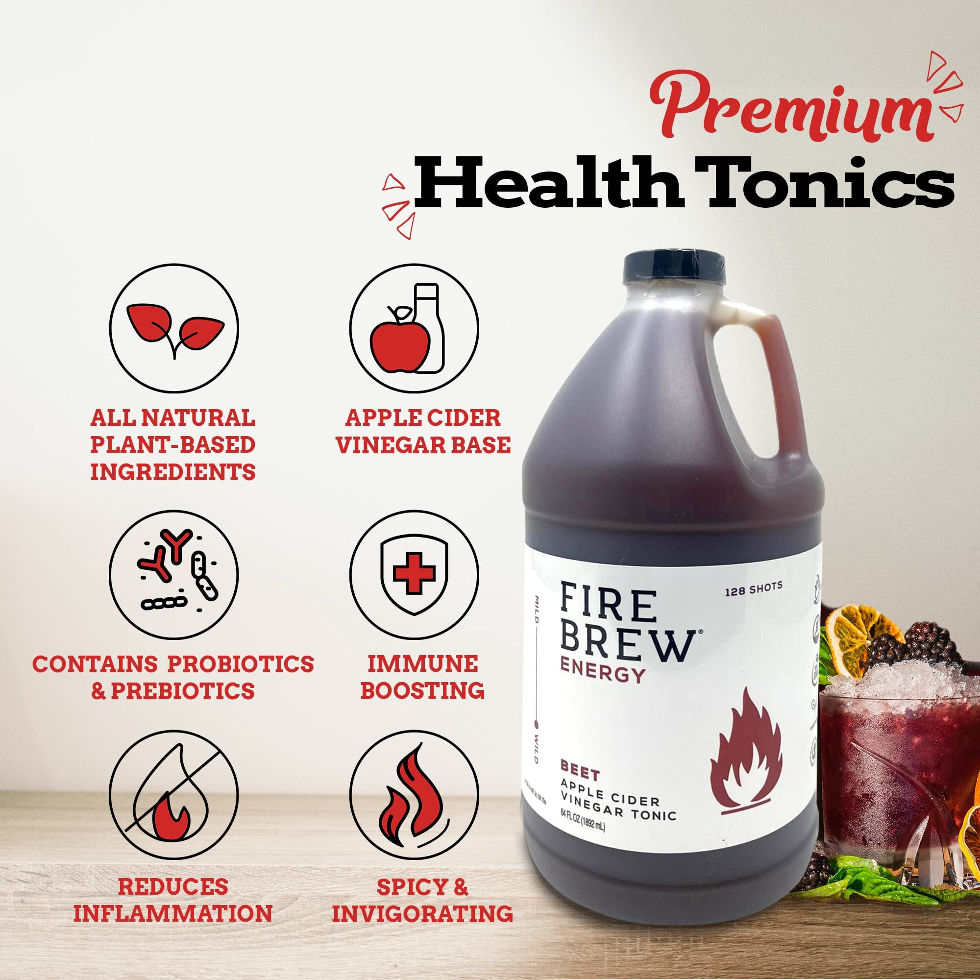Fire Brew Energy - Beet Apple Cider Vinegar Wellness Tonic | 128 Concentrated Shots Of Healthiest Organic Ingredients To Energize & Boost Stamina & Antioxidants For Heart & Blood Health - Half Gallon
