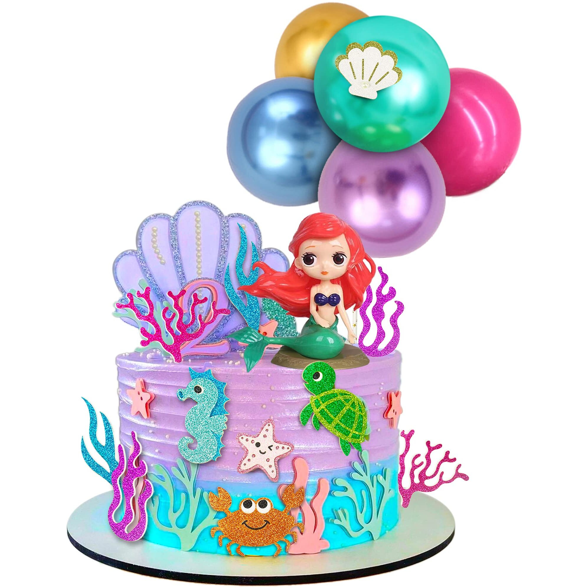 24Pcs Mermaid Cake Topper Balloon Cake Toppers Under The Sea Cake Decorations With Mermaid Model Purple Blue Balloons And Sea Animal Toppers For Ocean Themed Party Baby Shower Birthday Supplies