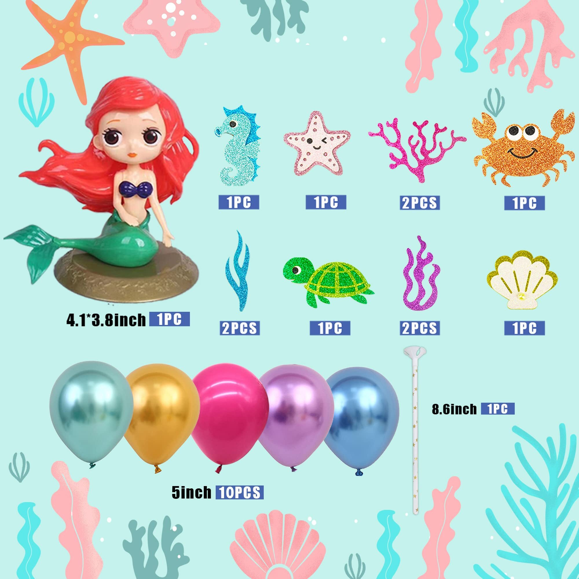 24Pcs Mermaid Cake Topper Balloon Cake Toppers Under The Sea Cake Decorations With Mermaid Model Purple Blue Balloons And Sea Animal Toppers For Ocean Themed Party Baby Shower Birthday Supplies
