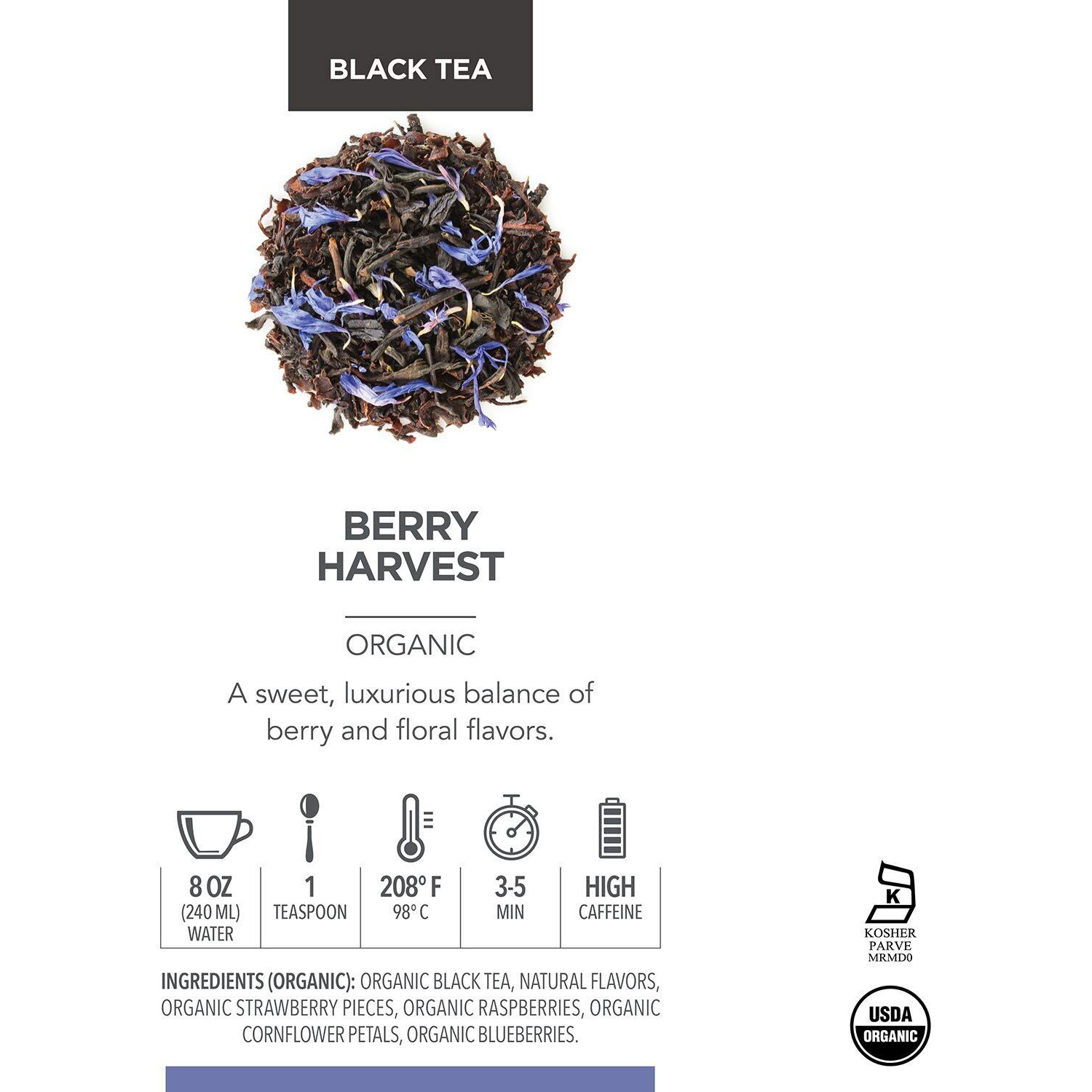 Teabloom Organic Black Tea, Berry Harvest Loose Leaf Tea, Sweet And Fruity Black Tea, Usda Certified Organic, Fresh Whole Leaf Blend In Reusable Gift Canister, 2.82 Ounce Loose Leaf Tea Canister Makes 35-50 Cups