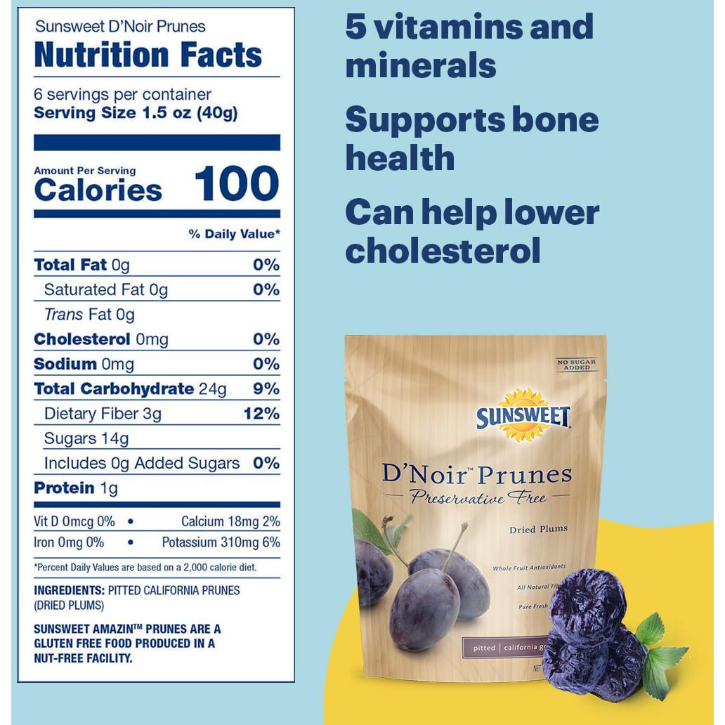 Sunsweet D'Noir Preservative Free Prunes - Prunes Pitted Unsweetened & Dried - Gluten Free, Vegan, Low Fat - Fiber & Minerals - 8 Oz Pouch X 3 Pack