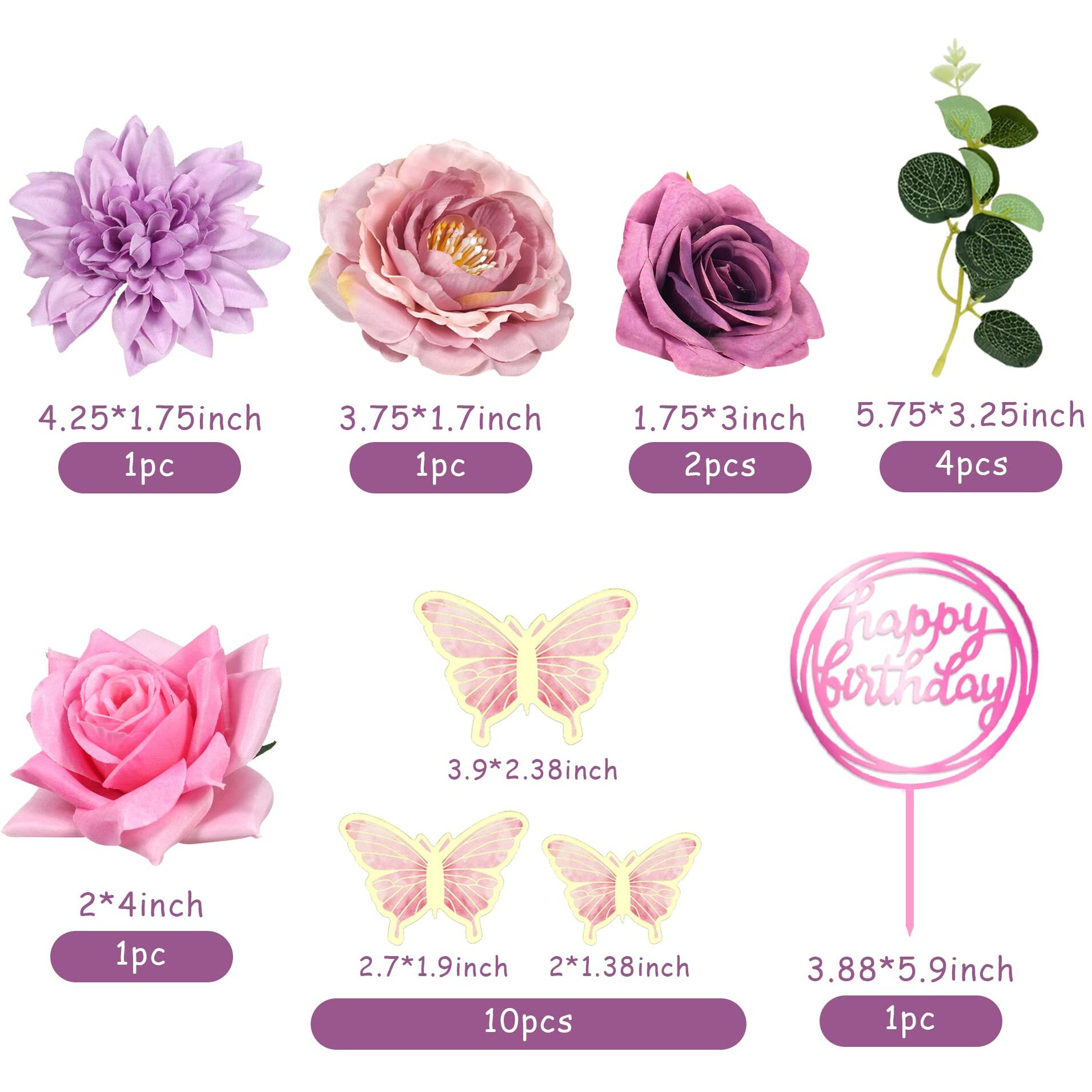 20 Pcs Flower Cake Toppers Butterfly Cake Decorations Happy Birthday Cake Toppers With Pink Purple Flowers Eucalyptus Butterflies For Birthday Party Wedding Baby Shower Supplies (Pink Purple)
