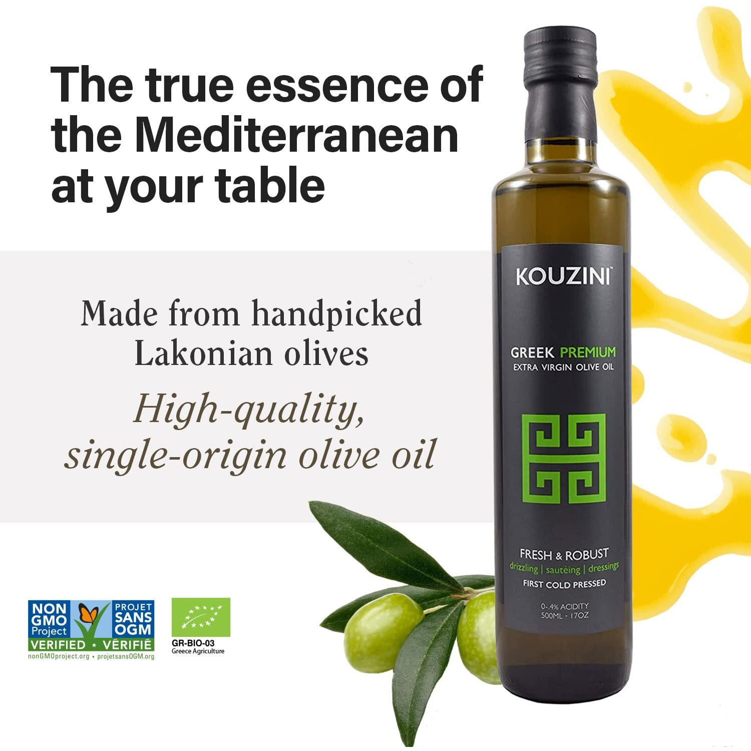 Kouzini Greek Premium Extra Virgin Olive Oil, Cold Pressed, Single Origin, Rich Flavor & Aroma, 500Ml
