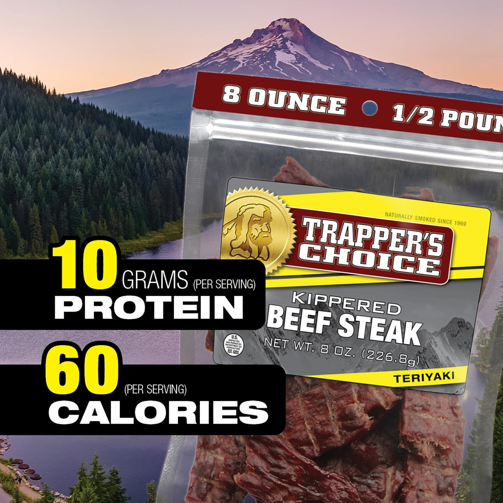 Old Trapper, Trapper's Choice Teriyaki Kippered Beef Steak, Eight-Ounce Individual Package, Savory Sweet Meat Snacks, 10 Grams Of Protein And 60 Calories Per Serving (Pack Of One)