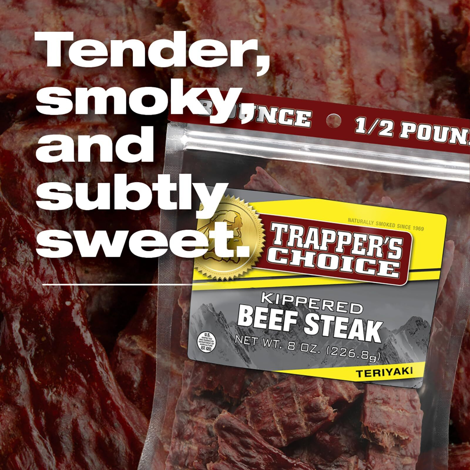 Old Trapper, Trapper's Choice Teriyaki Kippered Beef Steak, Eight-Ounce Individual Package, Savory Sweet Meat Snacks, 10 Grams Of Protein And 60 Calories Per Serving (Pack Of One)