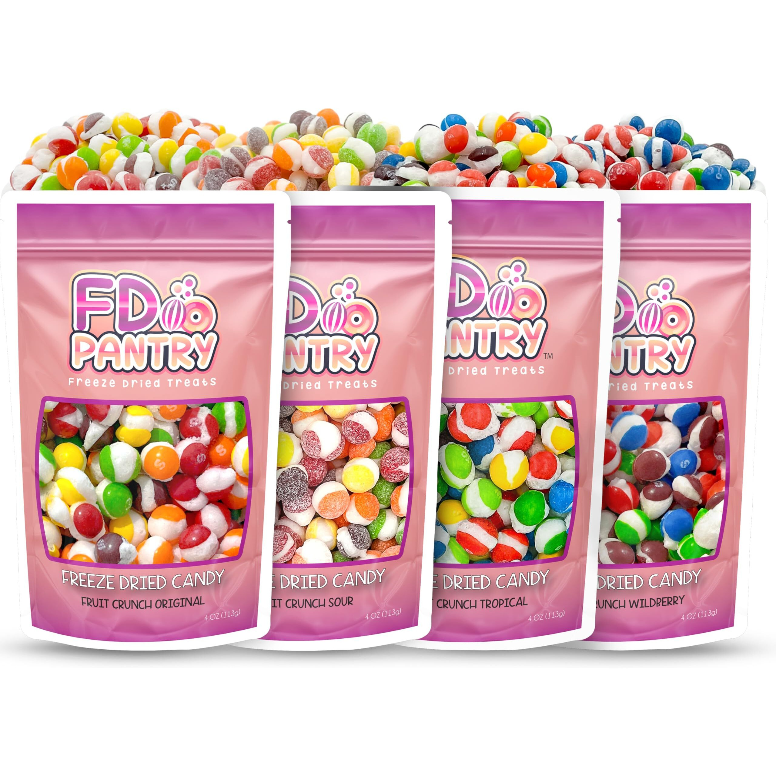 Freeze Dried Candy Variety Pack - Fruit Crunch 4 Pack, Fruit Crunch Original, Wildberry, Sour, Tropical 4 Oz (4 Count) - Assortment Combo Bundle Pouch - Gift Bag