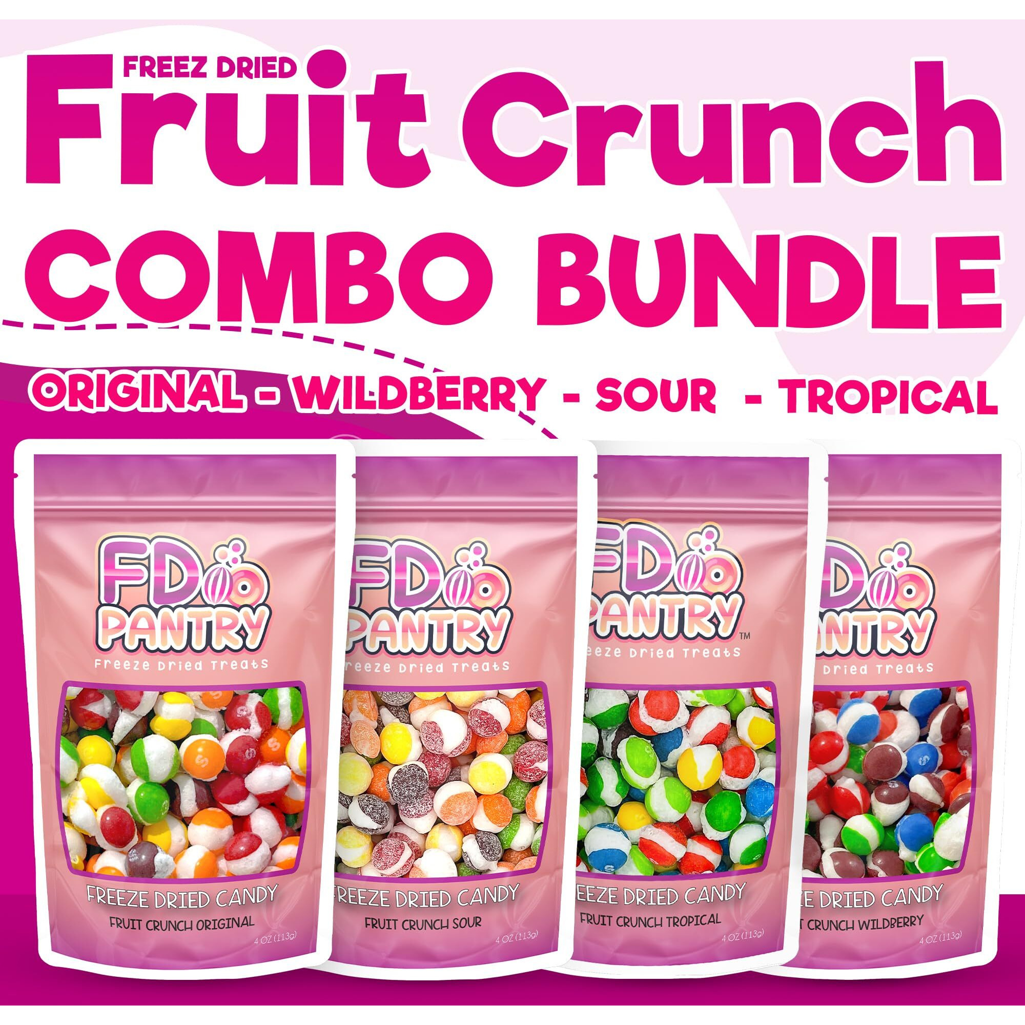 Freeze Dried Candy Variety Pack - Fruit Crunch 4 Pack, Fruit Crunch Original, Wildberry, Sour, Tropical 4 Oz (4 Count) - Assortment Combo Bundle Pouch - Gift Bag