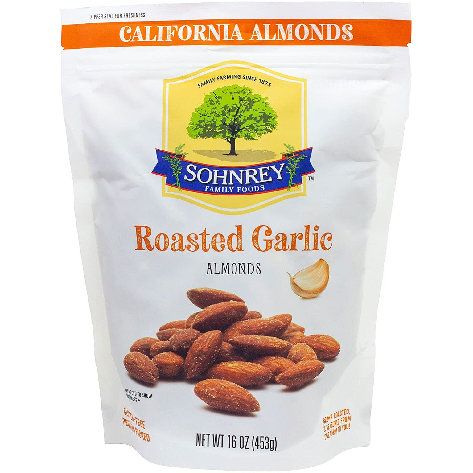Roasted Garlic Almonds (16Oz) Bold Seasoned Flavored Steam Pasteurized Nut Snacks From The Sohnrey Family Farm