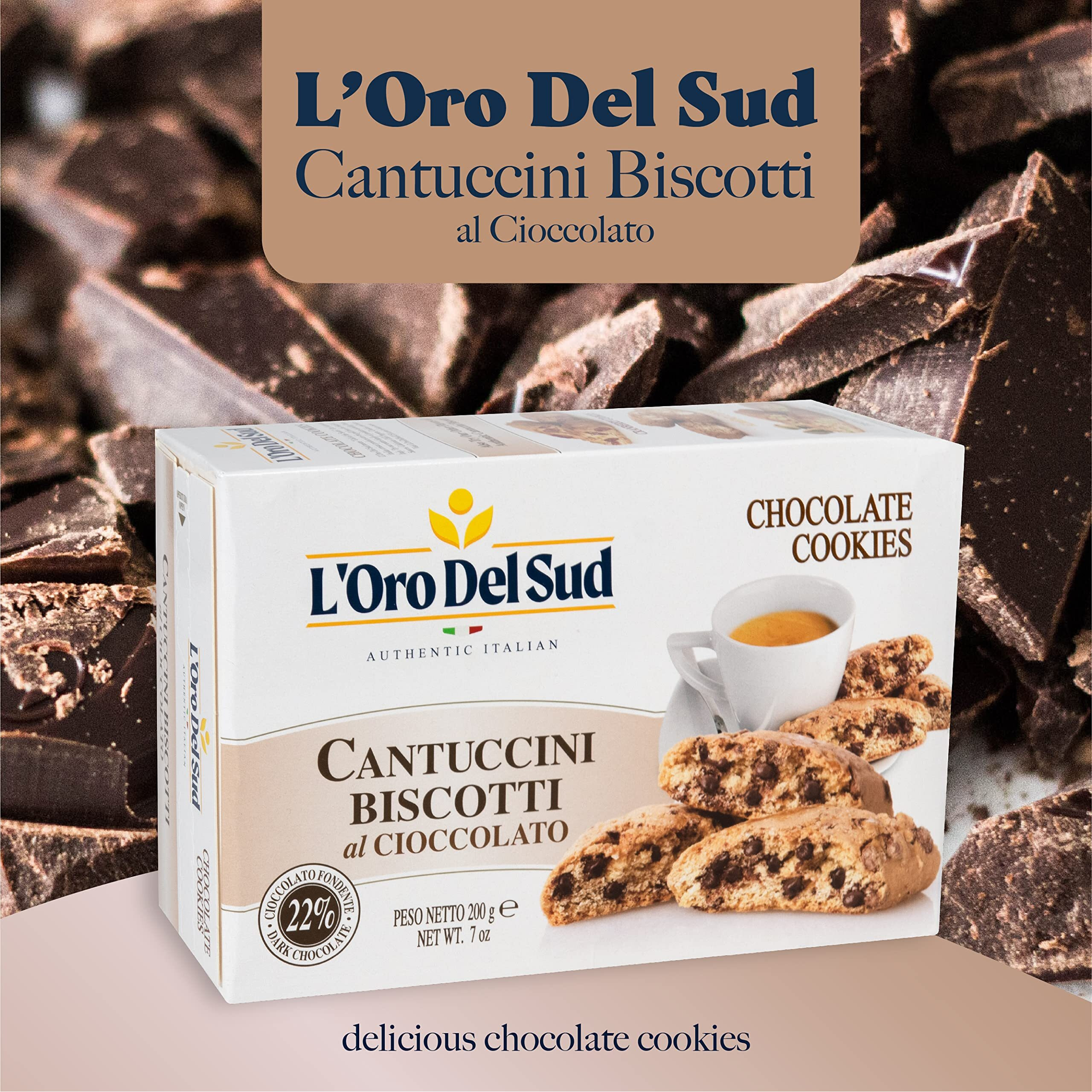 Chocolate Biscotti, Cantuccini D'Abruzzo, Italian Cookies Made With Real Quality Ingredients, 200 G, 7 Oz, L'Oro Del Sud