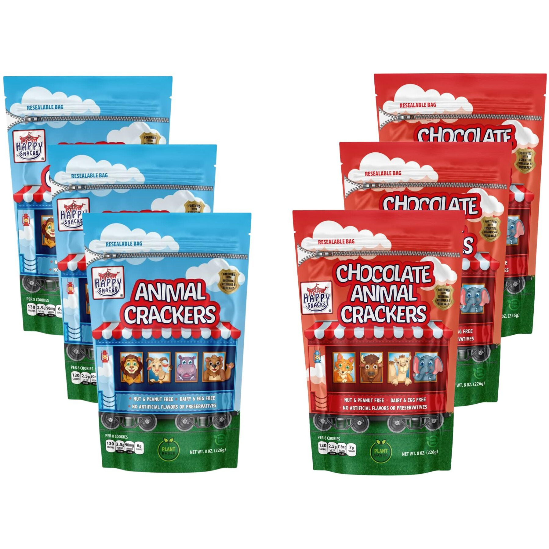 Happy Snacks Animal Crackers - Plant Based Ingredients, Animal Crackers Snack Packs, Nut & Peanut Free, Fortified With Essential Vitamins & Minerals, No Artificial Ingredients - Variety Pack, 8 Oz Bag (Pack Of 6)
