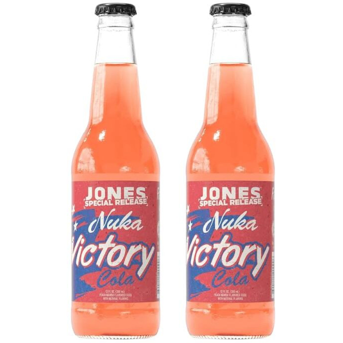 Jones Soda Co. Special Release Nuka Cola Victory | Fallout Merchandise | Cane Sugar Soda | Craft Soda Pop | Soda Soft Drinks | Glass Bottle Soda | Peach & Mango Flavor | (2 Bottles)