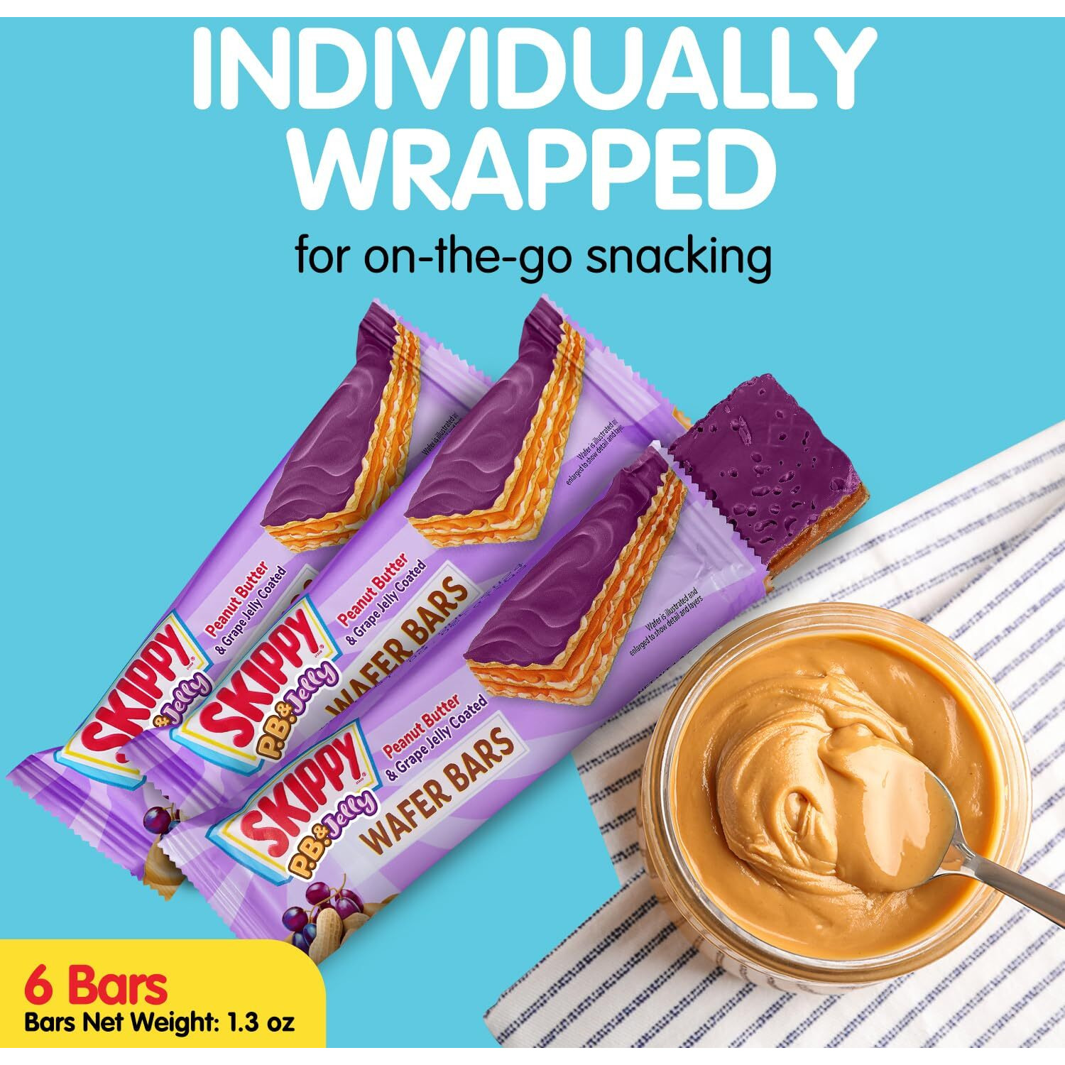 Skippy P.B. & Jelly Peanut Butter And Grape Jelly Coated Wafer Bars, 1.3 Oz, 6 Ct (36G)/Bar