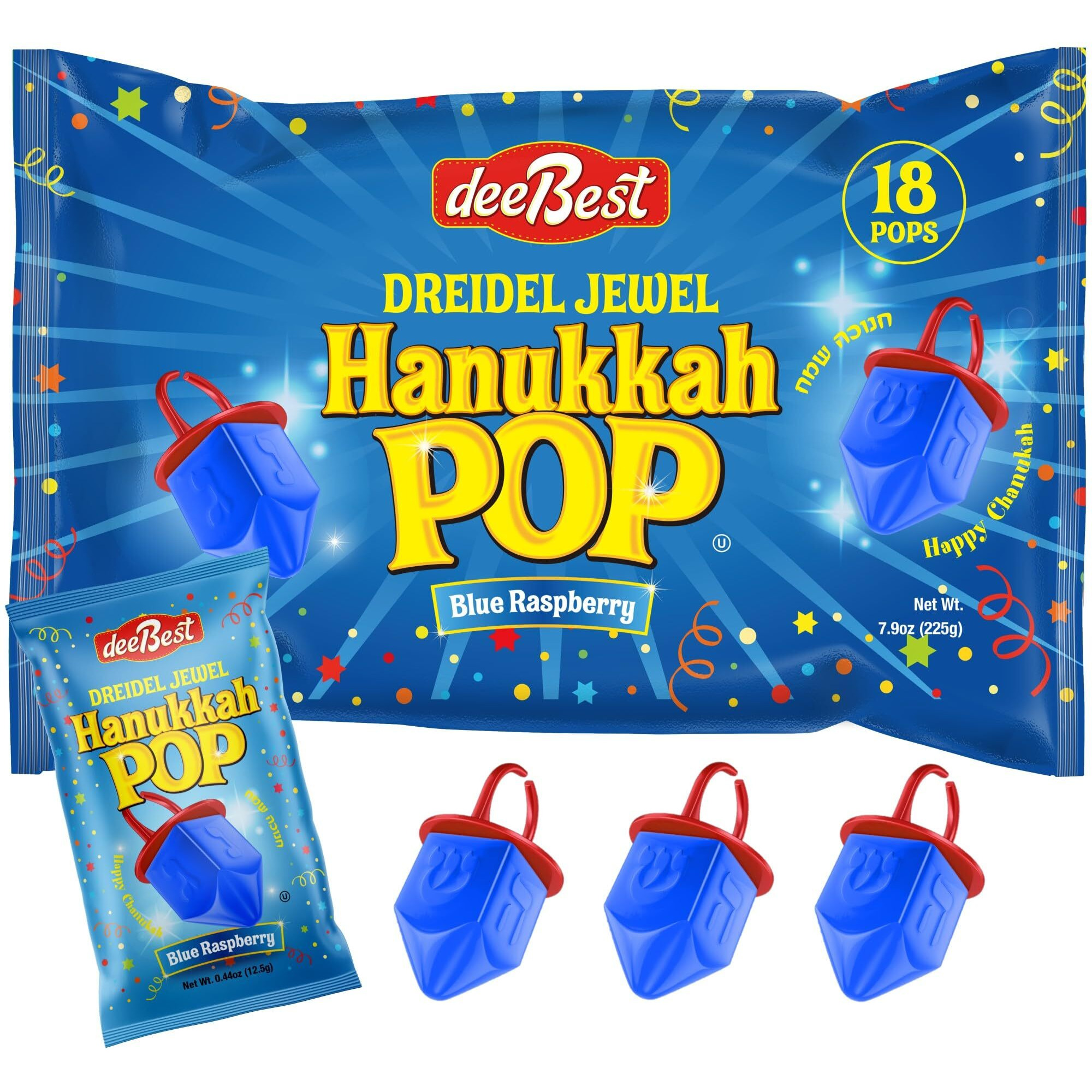 Hanukkah Dreidels Jewel Pop Ring Shape Candy - Blue Raspberry 18 Count Individually Wrapped Dreidel - Hanukah Decorations Kosher Candy Party Favor For Kids - Chanukah Gift Bags
