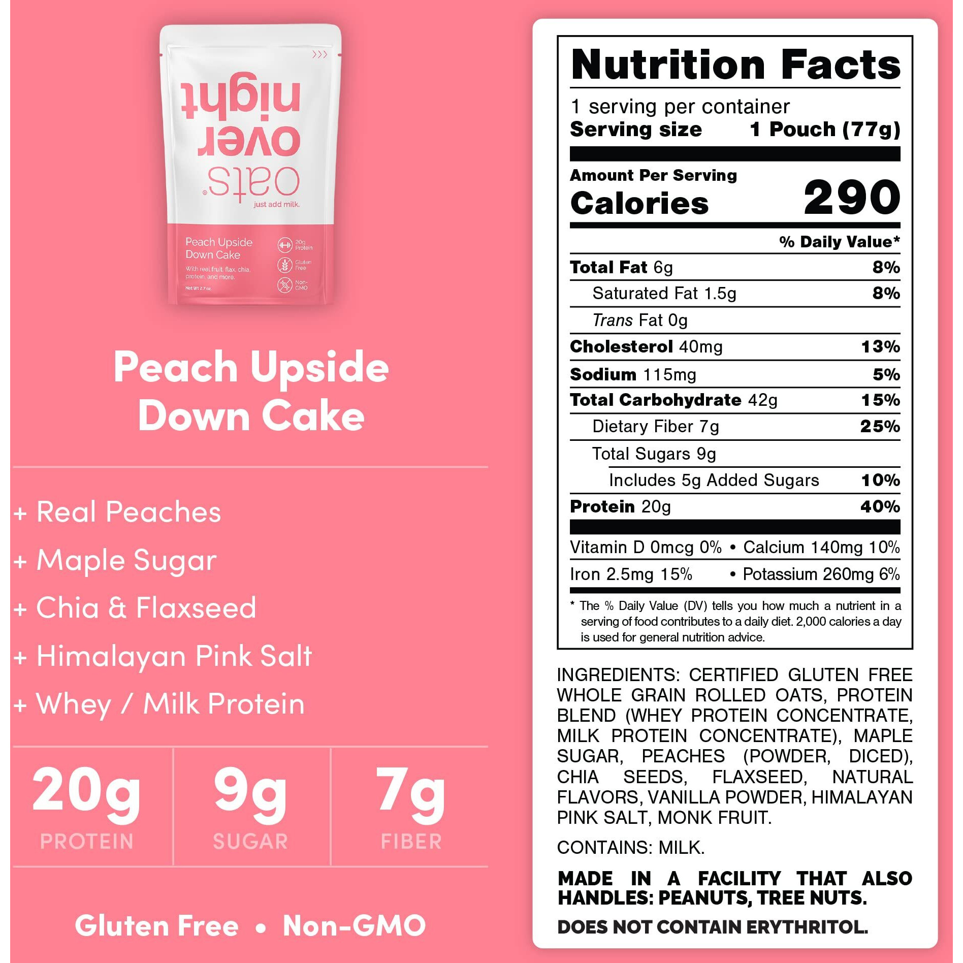 Oats Overnight - Peach Upside Down Cake - 20G Protein, High Fiber Breakfast Shake - Gluten Free, Non Gmo Oatmeal (2.7 Oz Per Meal) (16 Pack)