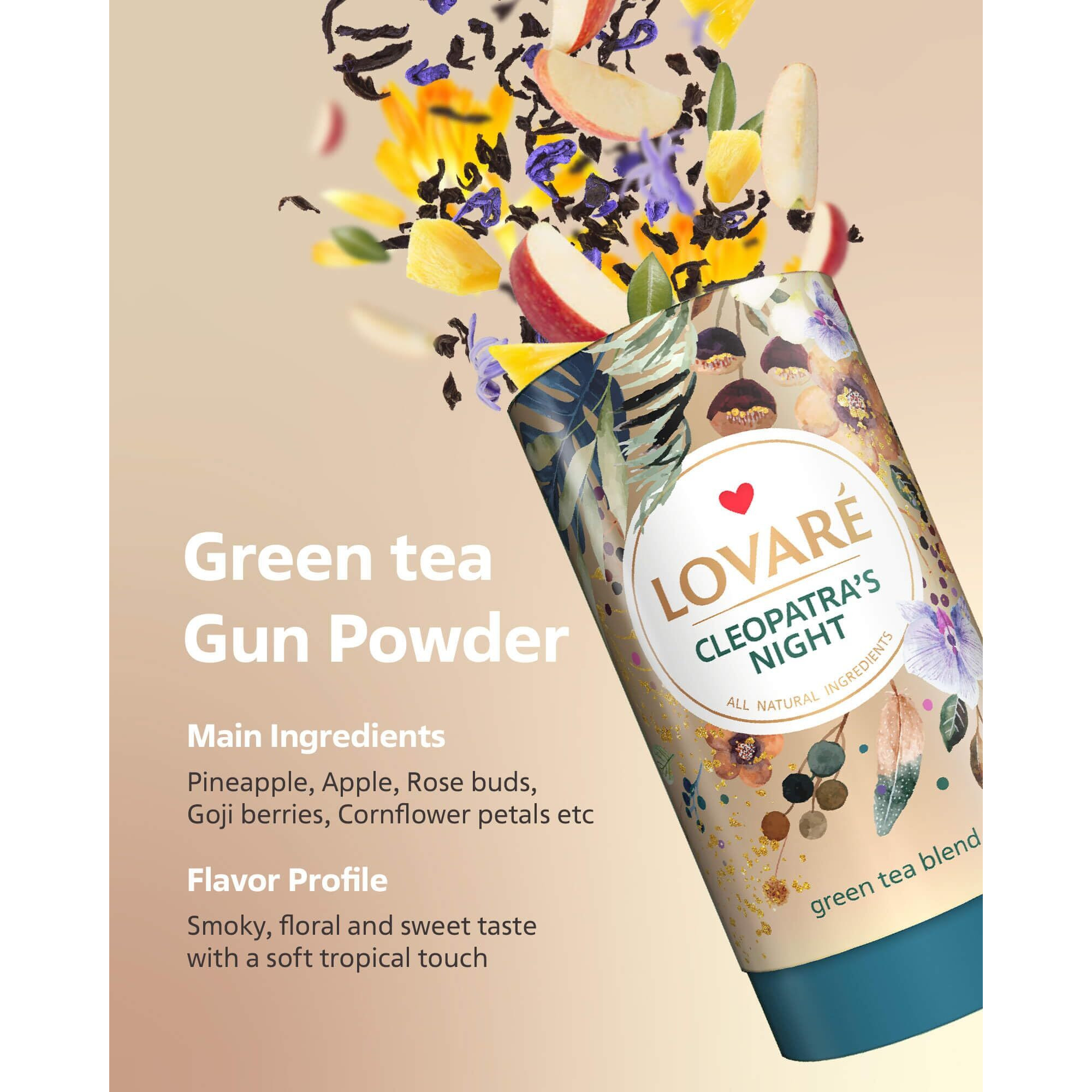 Lovare Cleopatras Night Loose Leaf Tea Sampler 80 G - Made In Ukraine - Green Tea, Pineapple, Apple, Rose Buds And Petals, Calendula, Safflower, And More With 15 Paper Filters