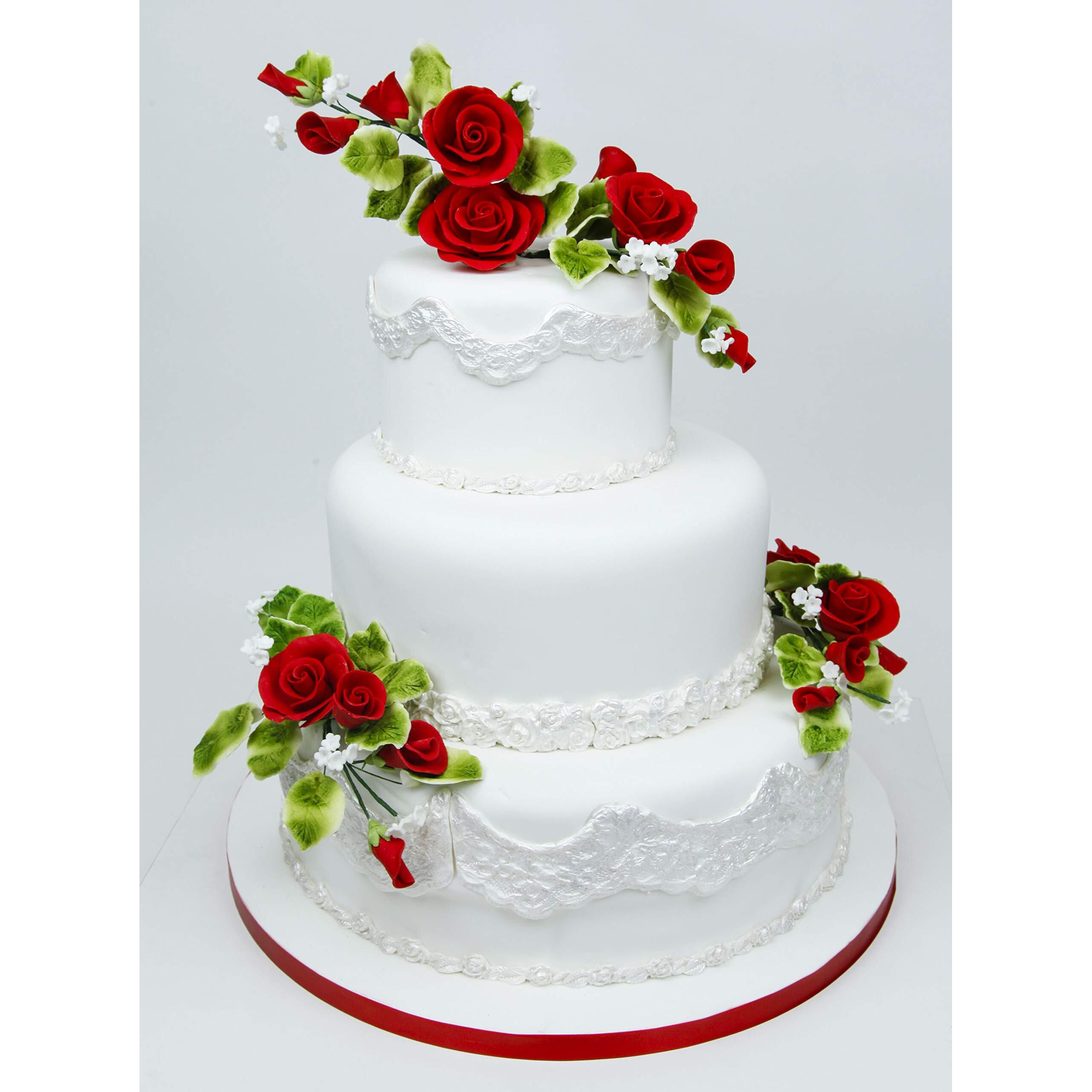Global Sugar Art Tea Rose Sugar Cake Flowers, Red With Green Calyx, Medium, Wired 1.75 Inch, 12 Count By Chef Alan Tetreault