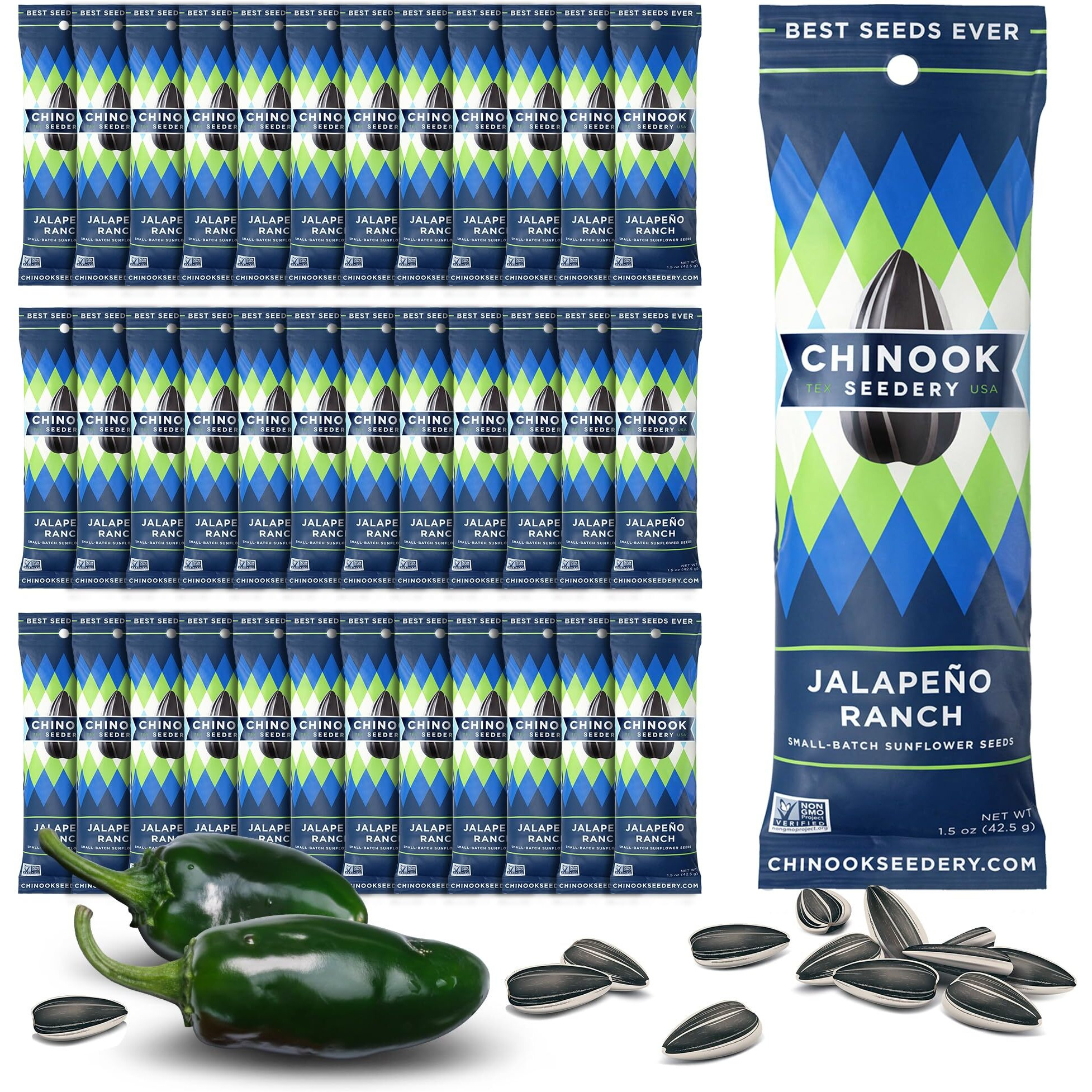 Chinook Seedery Roasted Sunflower Seeds To Eat - Jumbo Low Sodium Sunflower Seeds Keto Snacks - Adventure, Baseball, School Snacks - Gluten Free, Non Gmo Snacks - 1.5 Oz (Pack Of 36) Jalapeno Ranch
