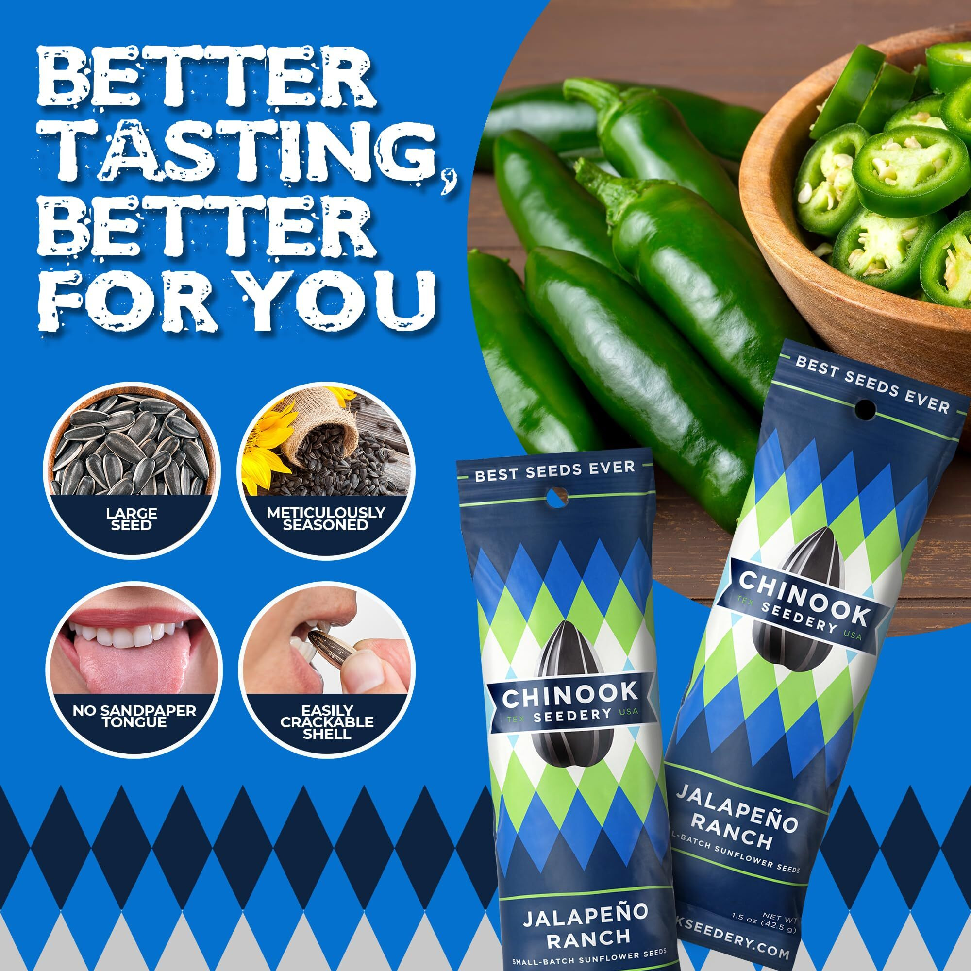 Chinook Seedery Roasted Sunflower Seeds To Eat - Jumbo Low Sodium Sunflower Seeds Keto Snacks - Adventure, Baseball, School Snacks - Gluten Free, Non Gmo Snacks - 1.5 Oz (Pack Of 36) Jalapeno Ranch