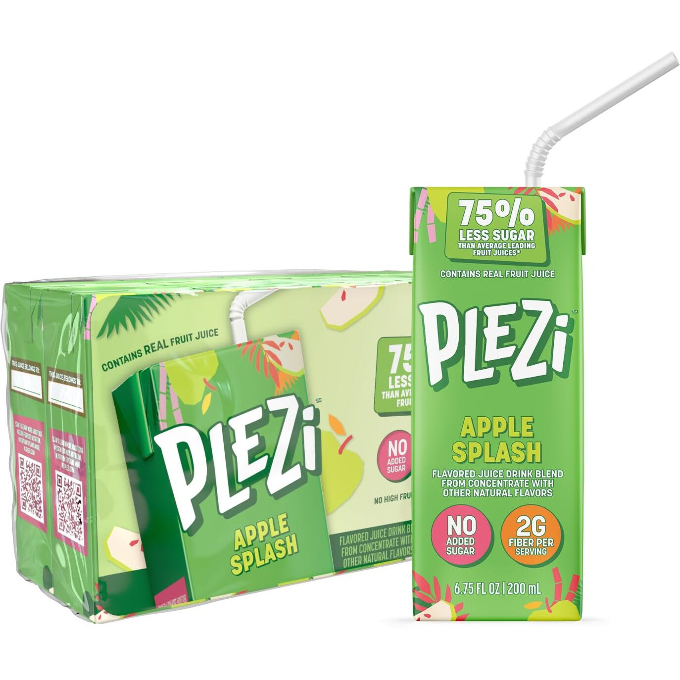 Plezi Fruit Juice Boxes For Kids, Apple Splash - Low Sugar Drinks With Dietary Fiber, Healthy Vitamin C, And Potassium Electrolytes - 6.75 Fl Oz (Pack Of 32)