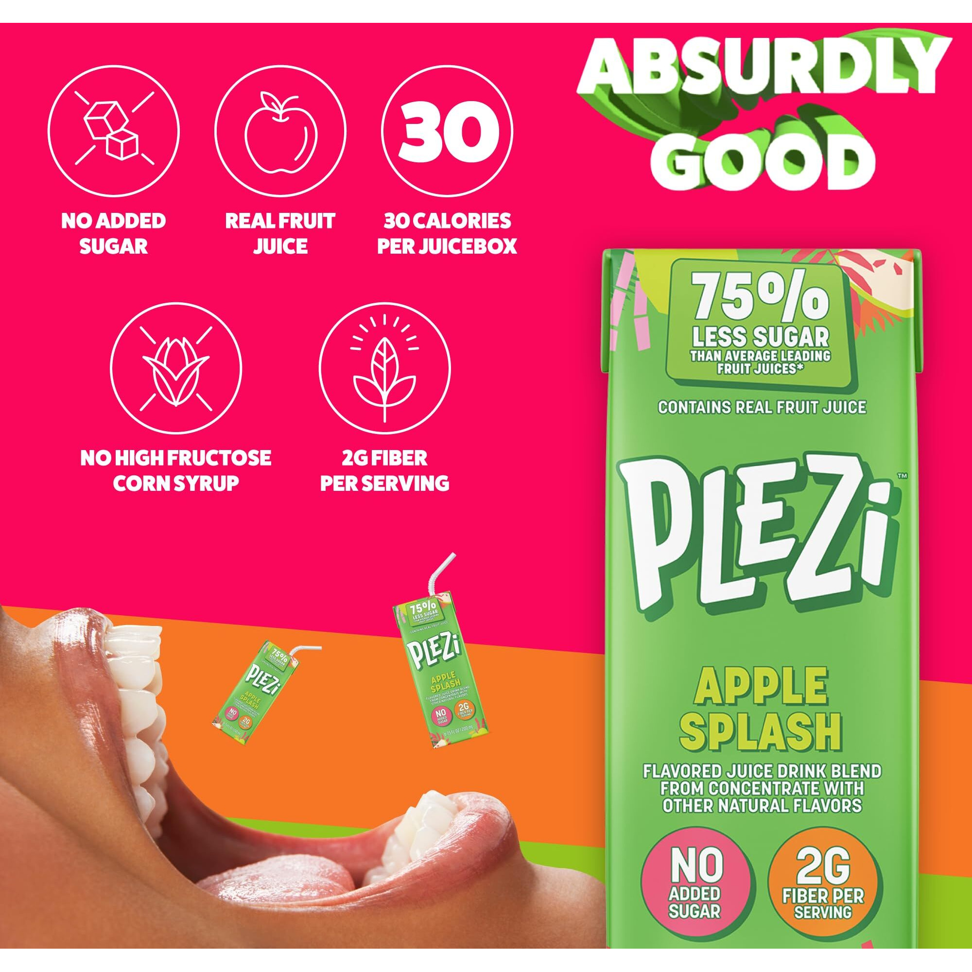 Plezi Fruit Juice Boxes For Kids, Apple Splash - Low Sugar Drinks With Dietary Fiber, Healthy Vitamin C, And Potassium Electrolytes - 6.75 Fl Oz (Pack Of 32)