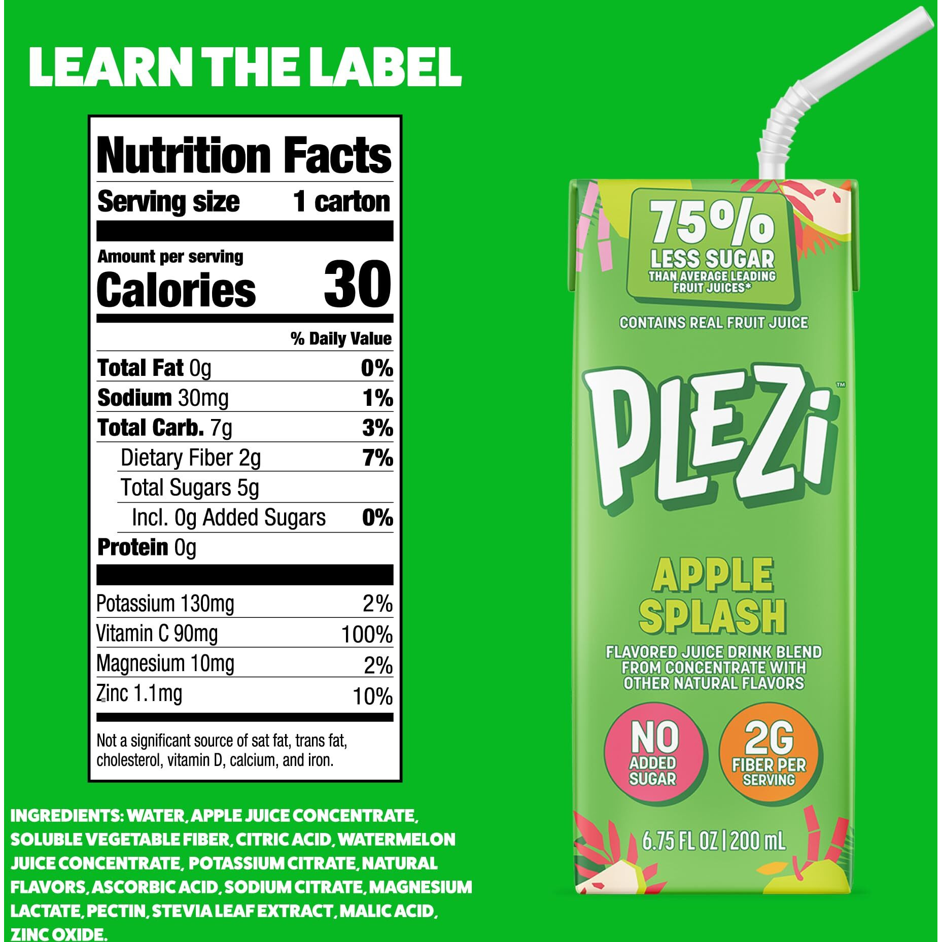 Plezi Fruit Juice Boxes For Kids, Apple Splash - Low Sugar Drinks With Dietary Fiber, Healthy Vitamin C, And Potassium Electrolytes - 6.75 Fl Oz (Pack Of 32)