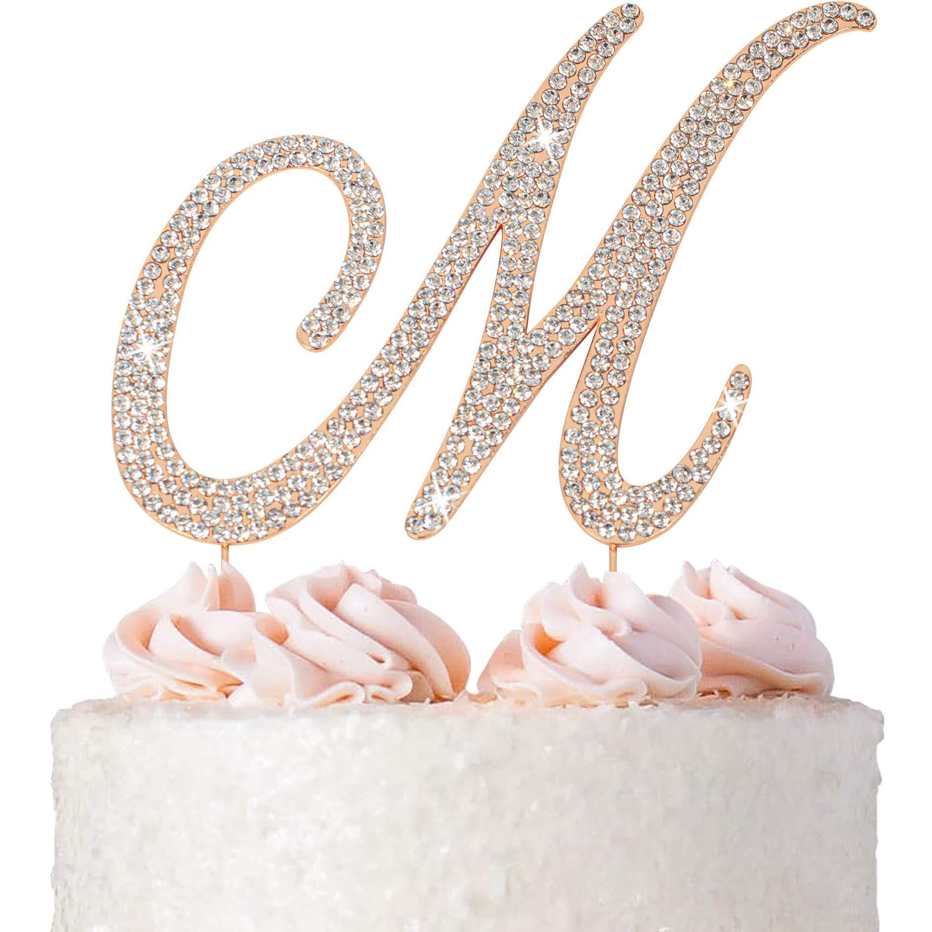 Letter M Cake Topper - Premium Rose Gold Metal - M Monogram Wedding Or Anniversary Party Sparkly Rhinestone Initial Decoration Makes A Great Centerpiece - Now Protected In A Box