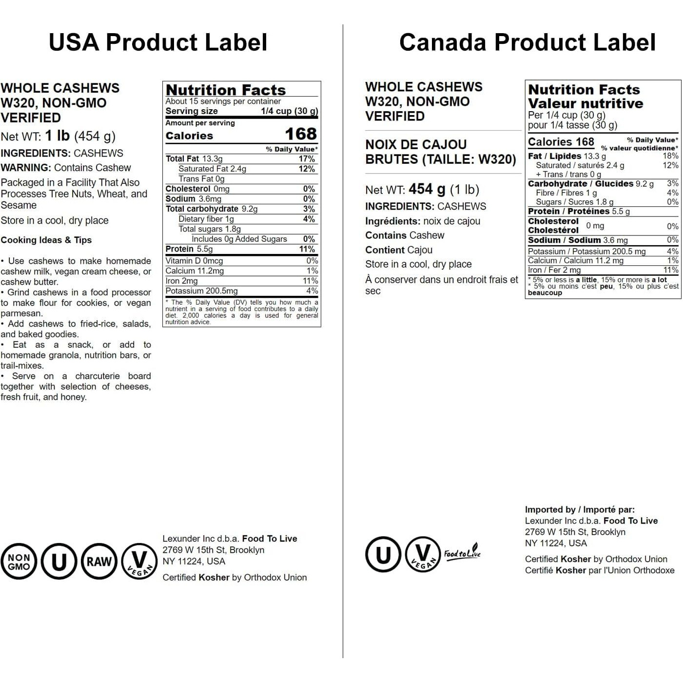 Food To Live Raw Cashews, 1 Pound - Non-Gmo Verified, Deluxe Whole Nuts, Unsalted, Unroasted, Size W-320, Vegan, Kosher, Bulk