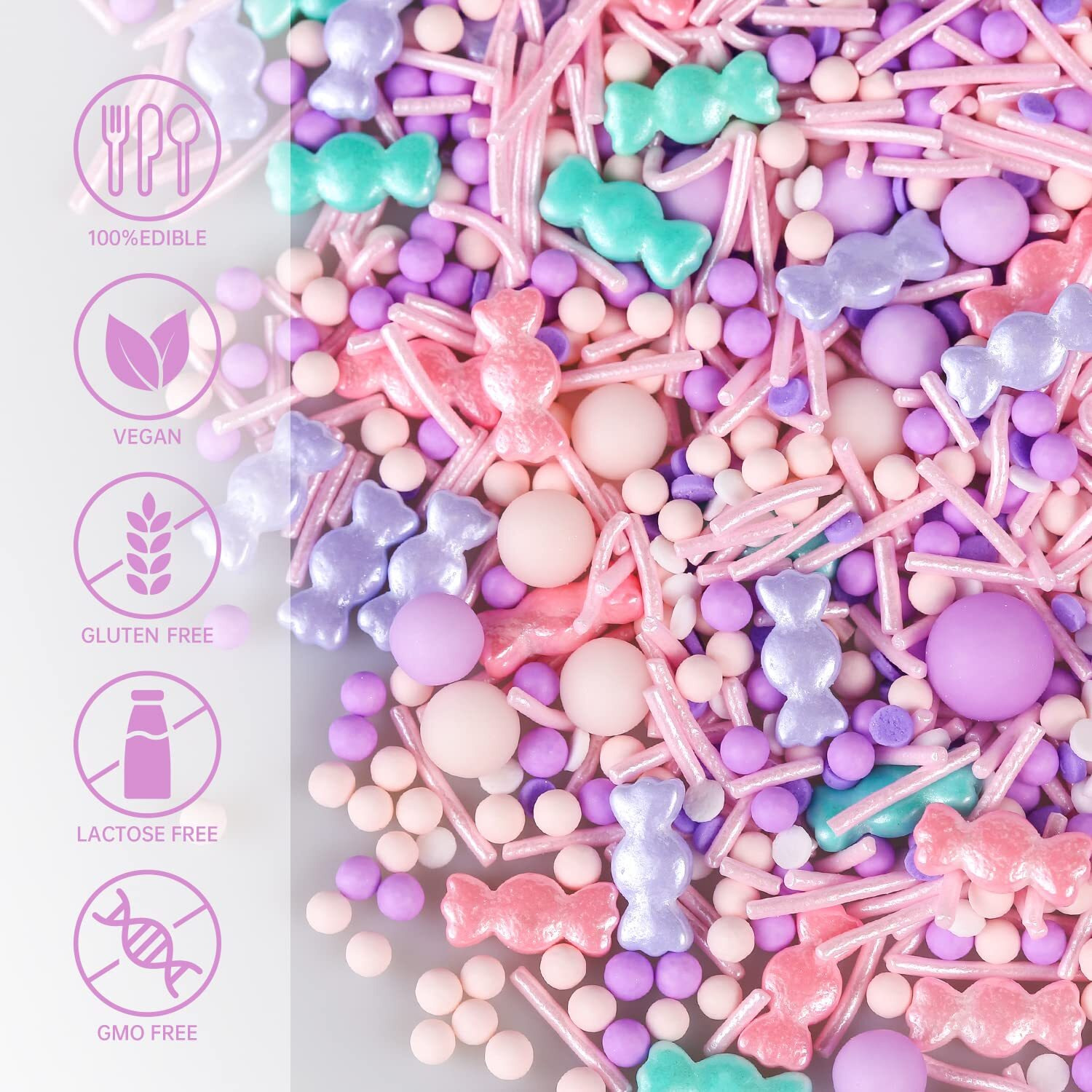 Edible Candy Sprinkles For Cake Decorating 7Ounce Cupcakes Sprinkles, Cake Decorations, Ice Cream, Cookie Candy Desserts Topper - Pink Purple Jimmies, Pastel Sugar Pearls, Confetti