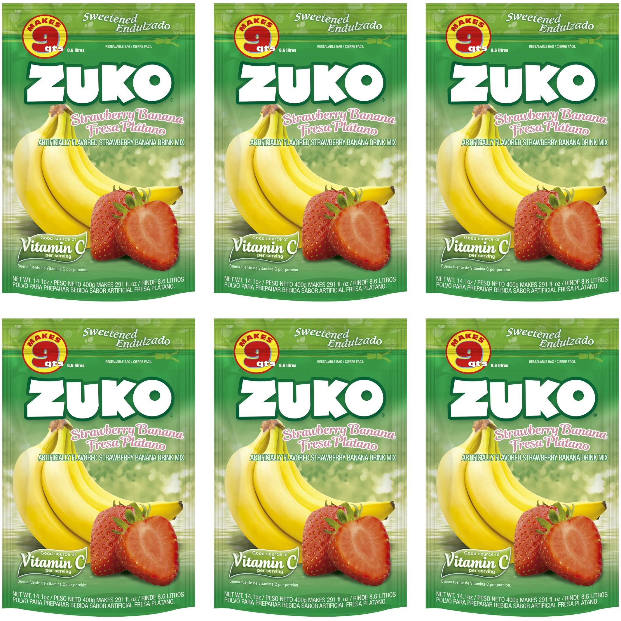 Zuko Strawberry Banana Instant Powder Drink | Family Pack | No Sugar Needed | Vitamin C | 14.1 Ounce (Pack Of 6)