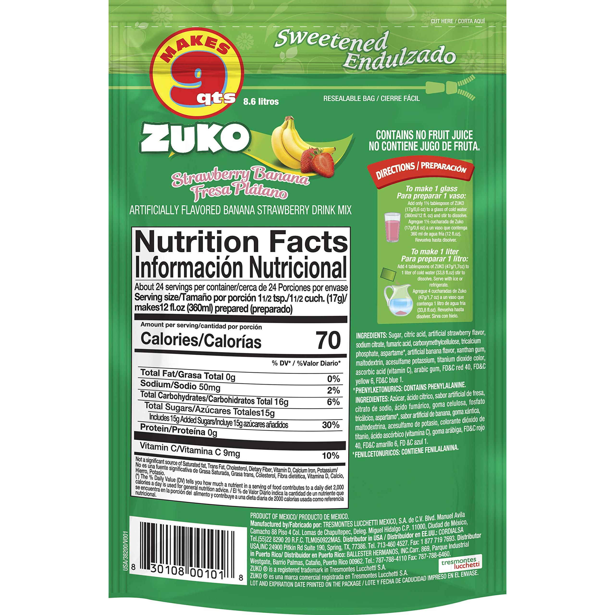 Zuko Strawberry Banana Instant Powder Drink | Family Pack | No Sugar Needed | Vitamin C | 14.1 Ounce (Pack Of 6)