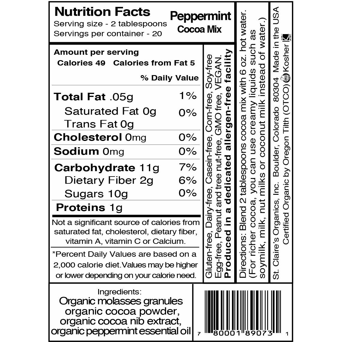 St. Claire's Organic Gourmet Hot Cocoa, (Peppermint, 12 Ounce. Bag, 20 Servings) | Allergen-Free, Vegan, Gmo-Free, Gluten-Free | Made In Our Allergen-Free Facility