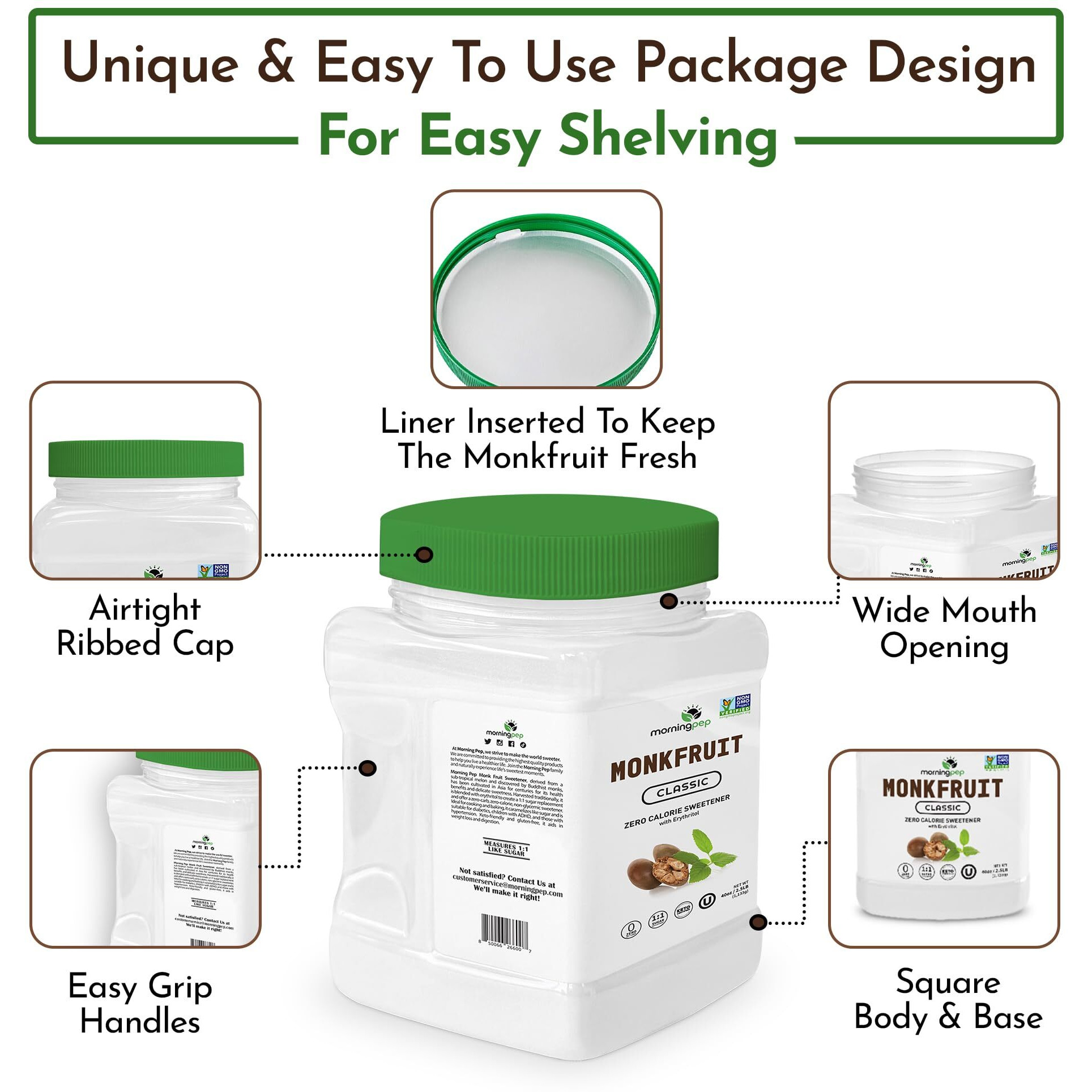 Morning Pep Monk Fruit Sweetener, Classic | White Sugar Substitute, Keto Diet Friendly, 11 Sugar Replacement, For Baking, Coffee, Tea, Zero Calorie Non Gmo Project Verified, Ou Kosher, White - 2.5 Lb